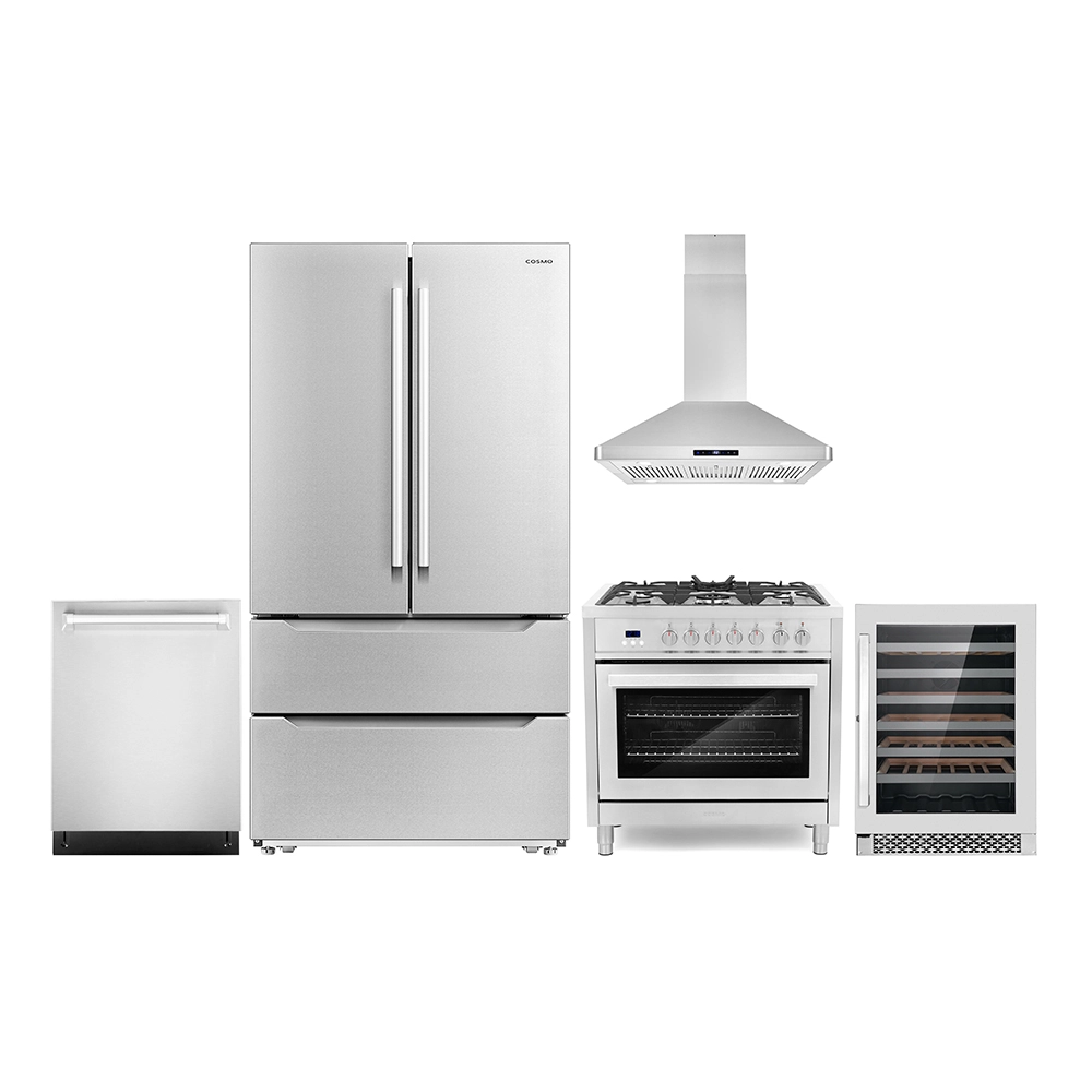 Cosmo 5 Piece Kitchen Appliance Package with 36 Freestanding Dual Fuel Range 36 Island Range Hood 24 Built-in Fully Integrated Dishwasher French Door Refrigerator & 48 Bottle Wine Refrigerator