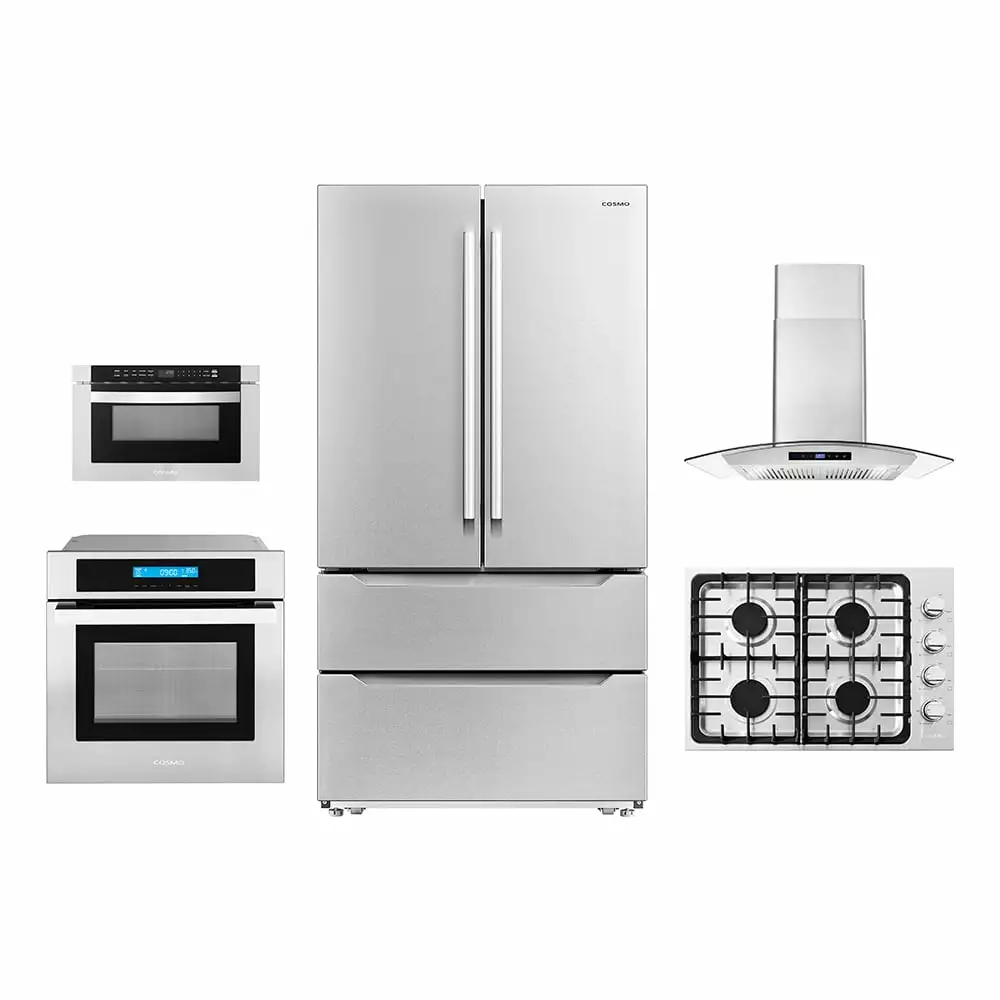 5 Piece Kitchen Package With 30 Gas Cooktop 30 Wall Mount Range Hood 24 Single Electric Wall Oven 24 Built-In Microwave Drawer & French Door Refrigerator