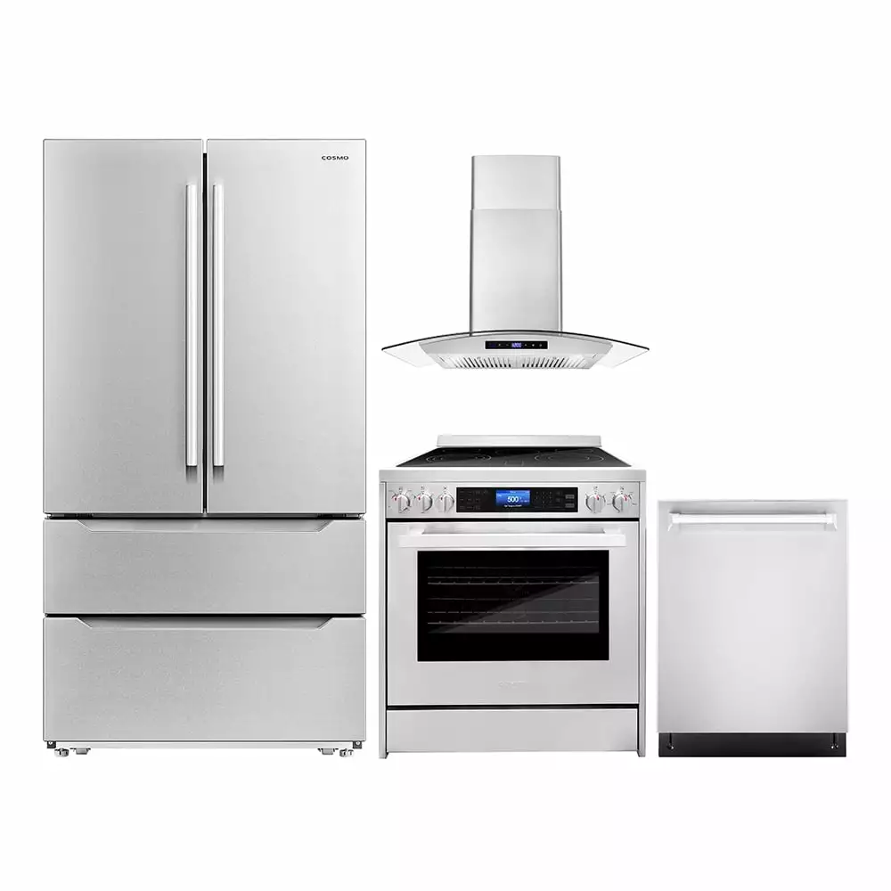 Cosmo 4 Piece Kitchen Appliance Package with 30 Freestanding Electric Range 30 Wall Mount Hood 24 Built-in Integrated Dishwasher & French Door Refrigerator Kitchen Appliance Bundles