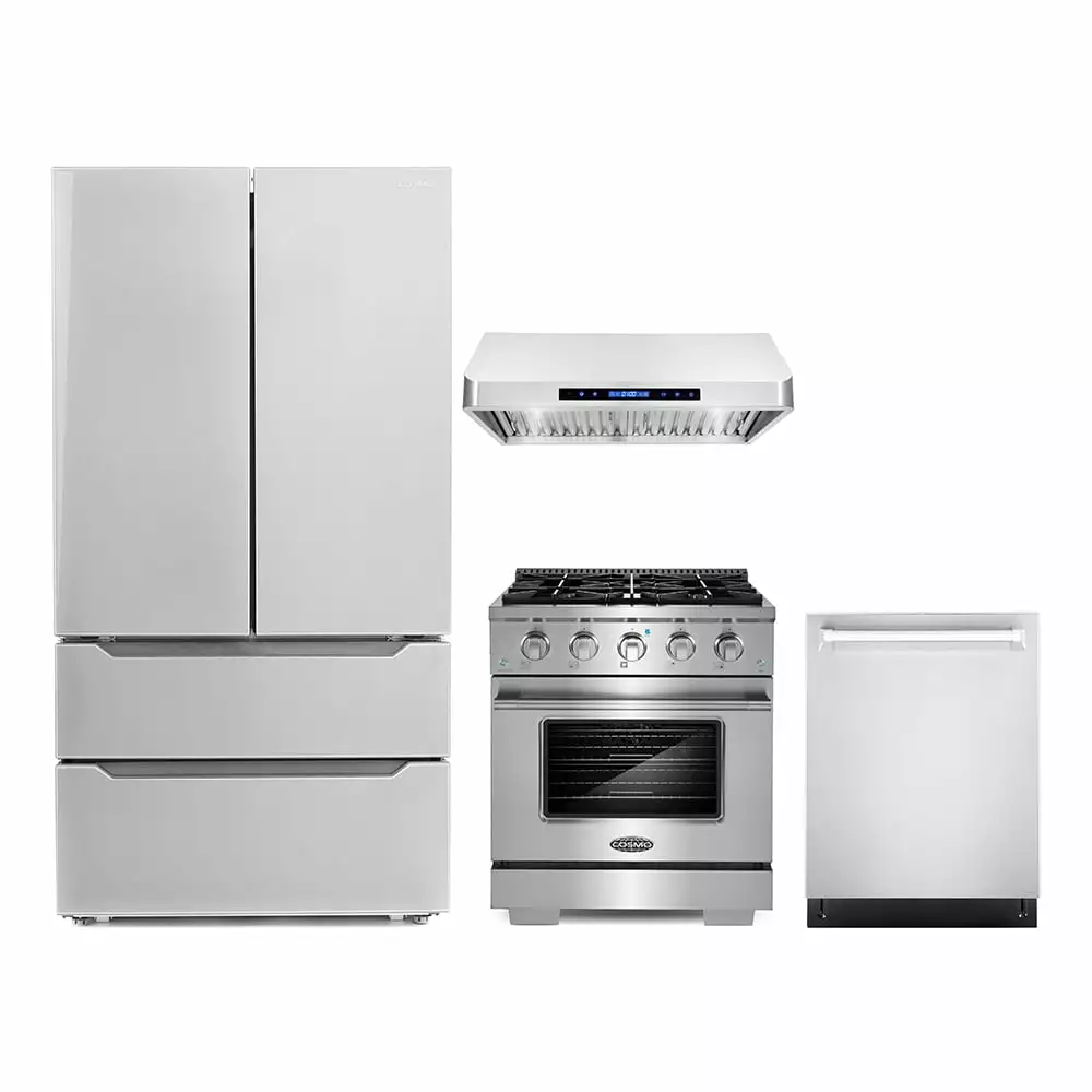 Cosmo 4 Piece Kitchen Appliance Packages with 30 Freestanding Gas Range 30 Under Cabinet Range Hood 24 Built-in Integrated Dishwasher & French Door Refrigerator Kitchen Appliance Bundles