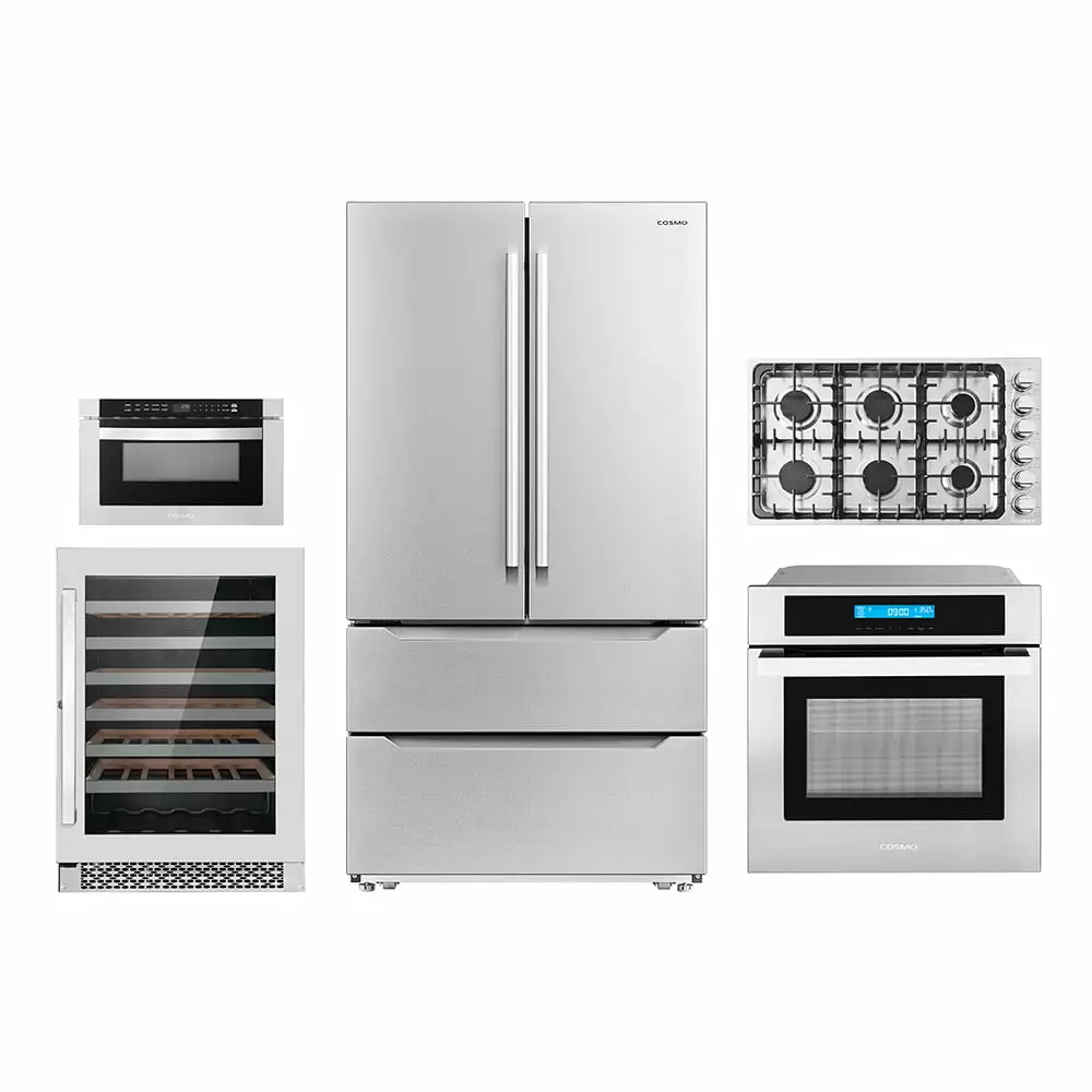 5 Piece Kitchen Package With 30 Gas Cooktop 24 48 Bottle Single Zone Freestanding Wine Refrigerator 24 Single Electric Wall Oven 24 Built-In Microwave Drawer & French Door Refrigerator