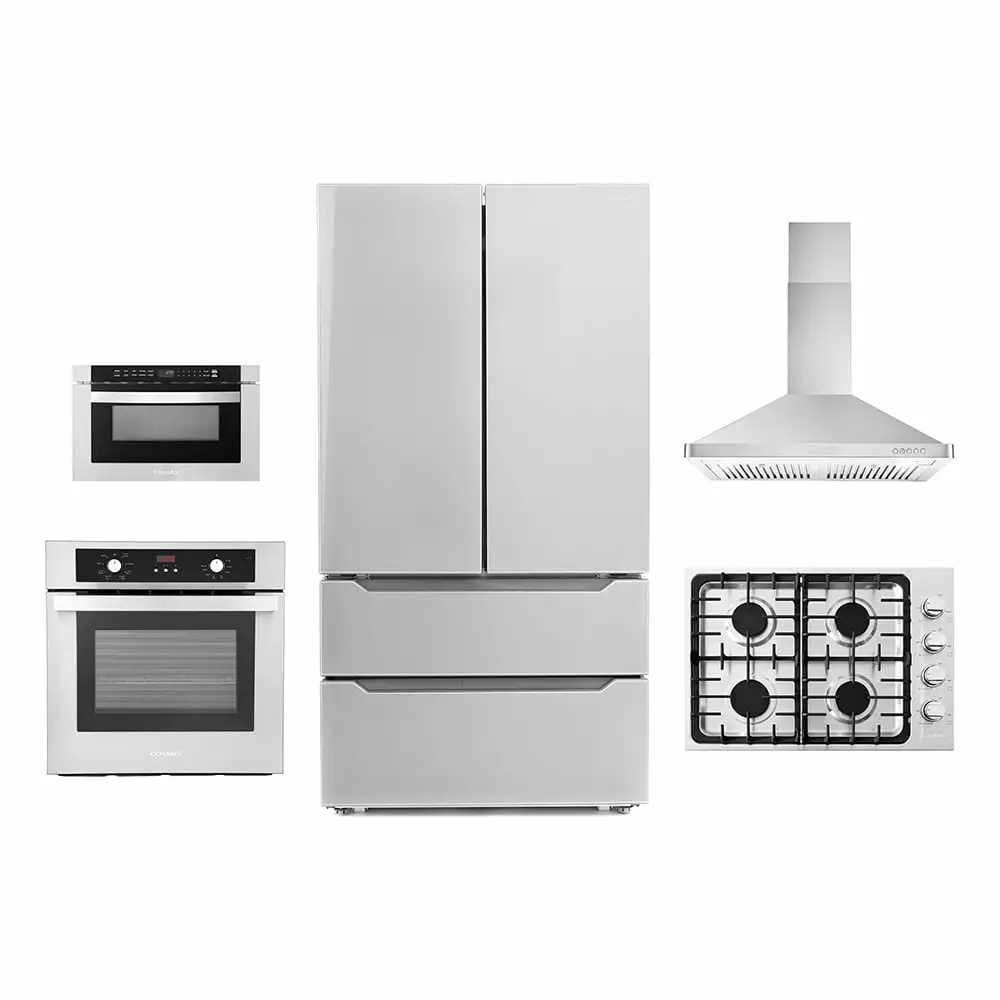 5 Piece Kitchen Package With 30 Gas Cooktop 30 Wall Mount Range Hood 24 Single Electric Wall Oven 24 Built-In Microwave Drawer & French Door Refrigerator