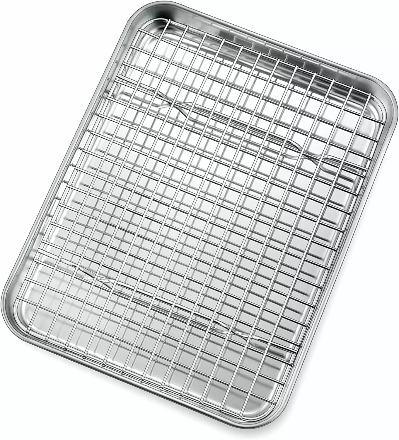 10 Inch Baking Pan with Rack set of 2. Stainless Steel Small Toaster Oven Tray Pans with Cooling Racks. Non-toxic & Heavy Duty. Extra Thick & Rolled Rim. Mirror Finished & Dishwasher Safe