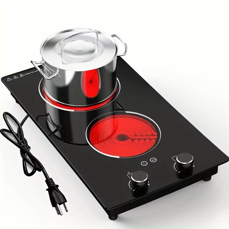 110v Electric Cooktop 2 Burners. 12'' Electric Stove Top with Plug in. Knob Control Countertop & Built-in Ceramic Cooktop. 9 Power Levels. Child Lock. Timer. Over-Heat Protection