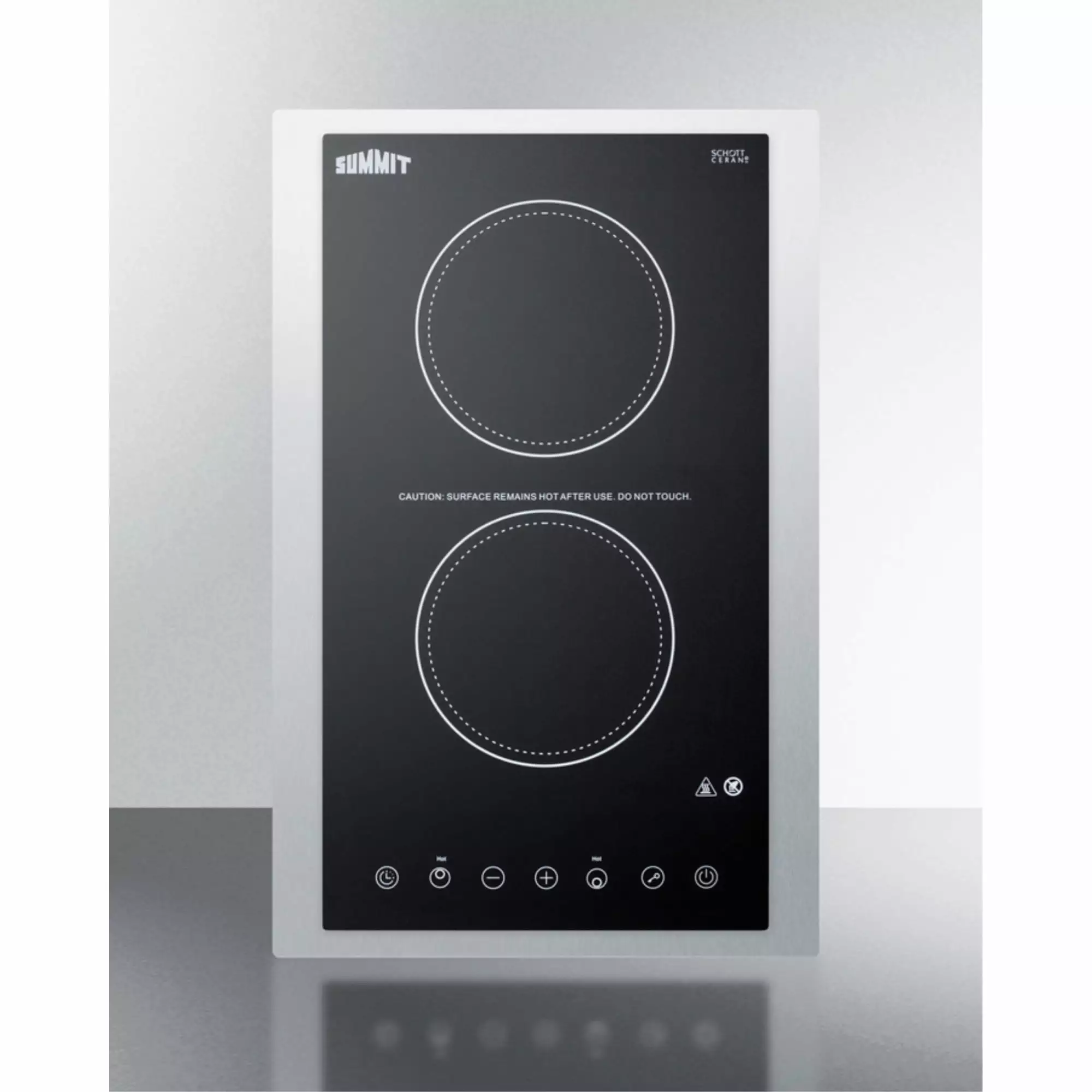 115V 2-burner cooktop in black ceramic Schott glass with digital touch controls and stainless steel frame to allow installation in 15 wide counter cutouts