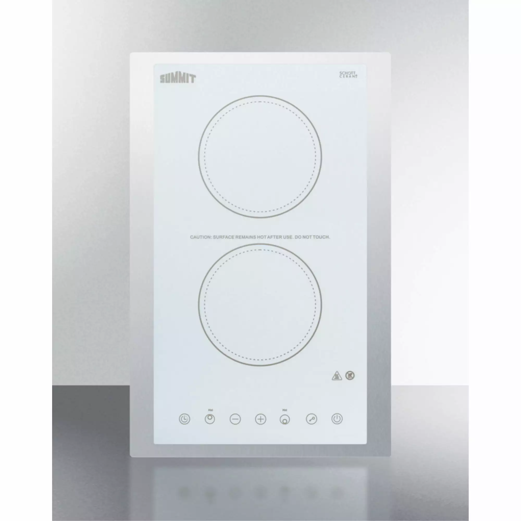 115V 2-burner cooktop in white ceramic Schott glass with digital touch controls and stainless steel frame to allow installation in 15 wide counter cutouts