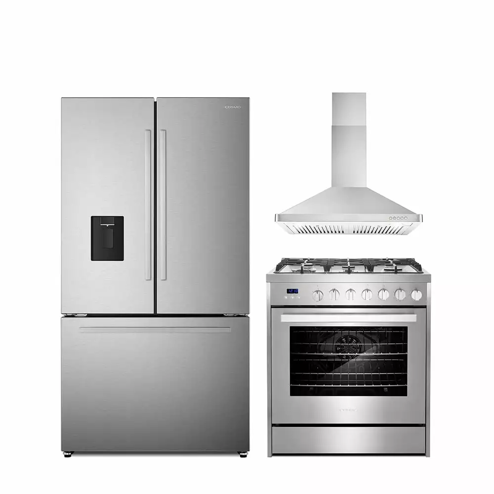 3 Piece Kitchen Package with 30 Freestanding Gas Range 30 Wall Mount Range Hood 36 French Door Refrigerator