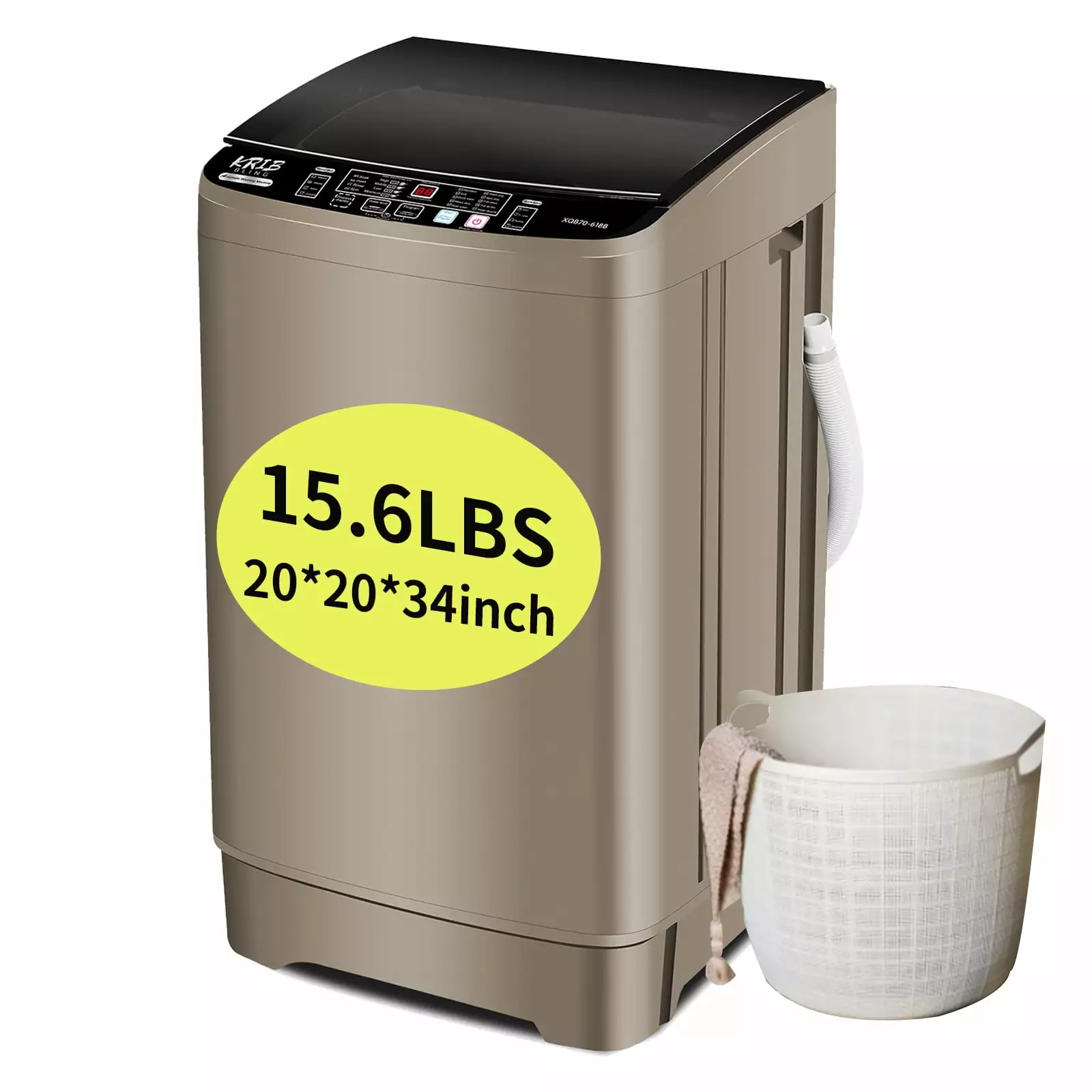 15.6 Lbs Full-Automatic Washing Machine. KRIB BLING Portable Compact Laundry Washer with Drain Pump. 10 Wash Programs 8 Water Levels with LED Display. Gold