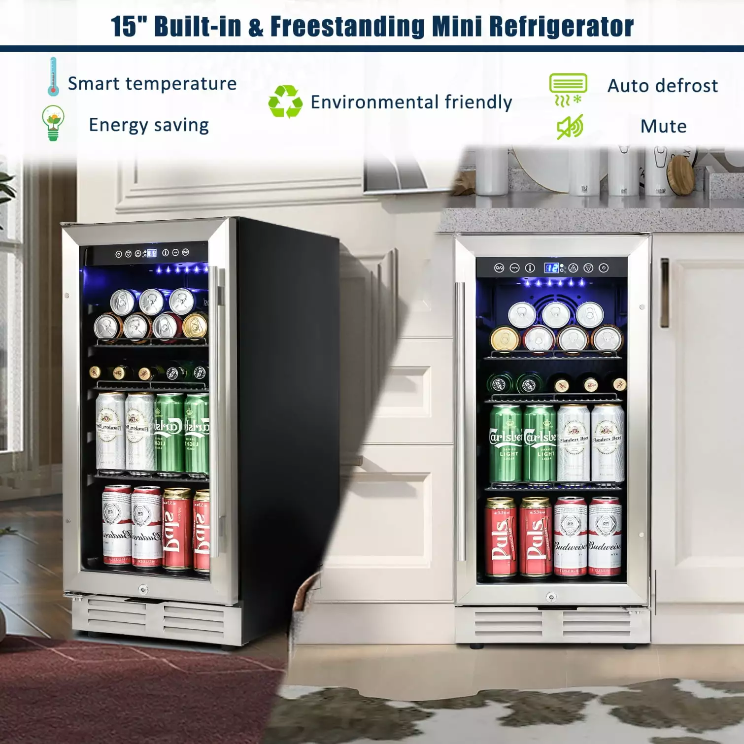 15 Wine Cooler/Cabinet Beverage Refrigerator. Built-in mini Wine Cellar. Touch Controls Double Glass Door Counter Top Bar Fridge Quiet Compressor Adjust Temp 120-Can Freestanding 34-65??F (Black)