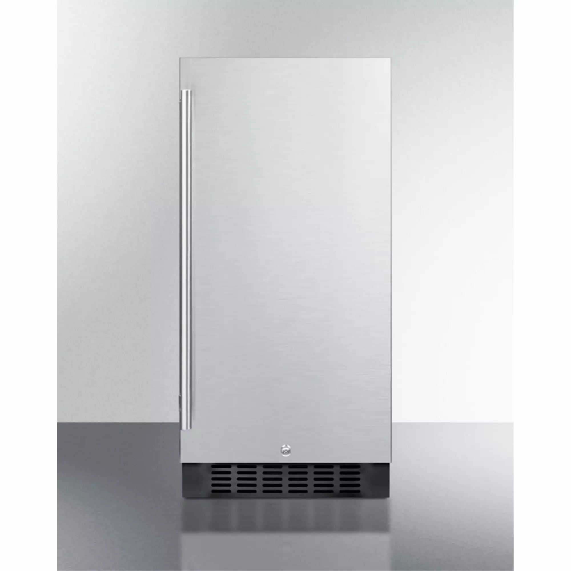 15 wide ADA compliant all-refrigerator for built-in or freestanding use. with digital controls. LED light. lock. stainless steel door. and black cabinet