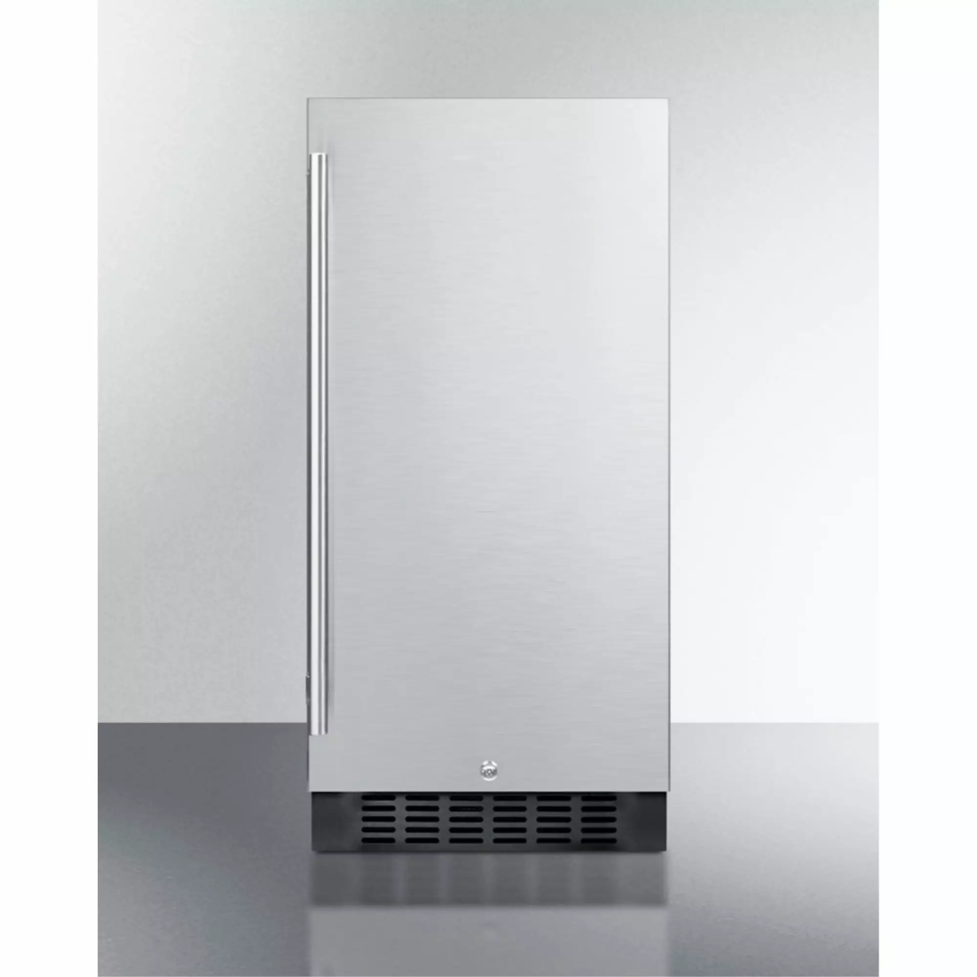 15 wide ADA compliant all-refrigerator for built-in or freestanding use. with digital controls. LED light. lock. and stainless steel wrapped exterior