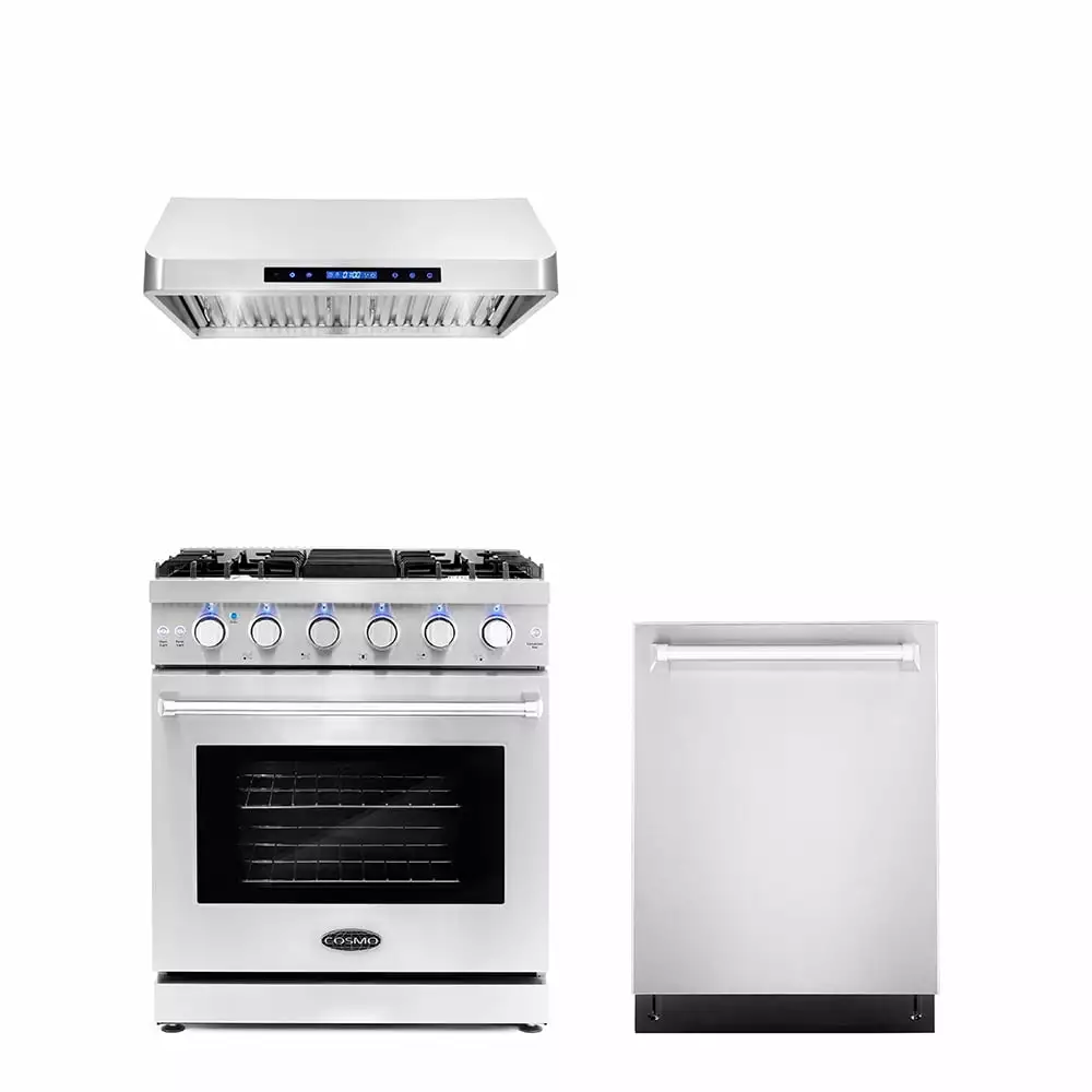 Cosmo 3 Piece Kitchen Appliance Packages with 30 Freestanding Gas Range Kitchen Stove 30 Under Cabinet Range Hood & 24 Built-in Fully Integrated Dishwasher Kitchen Appliance Bundles