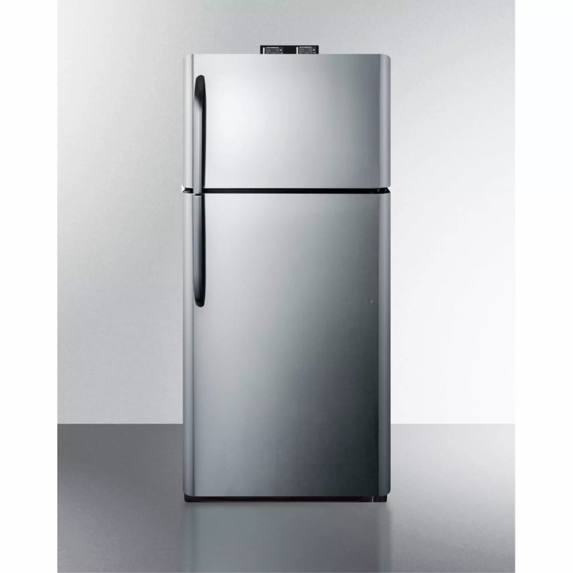 18 cu.ft. break room refrigerator-freezer with stainless look doors and NIST calibrated alarm/thermometers