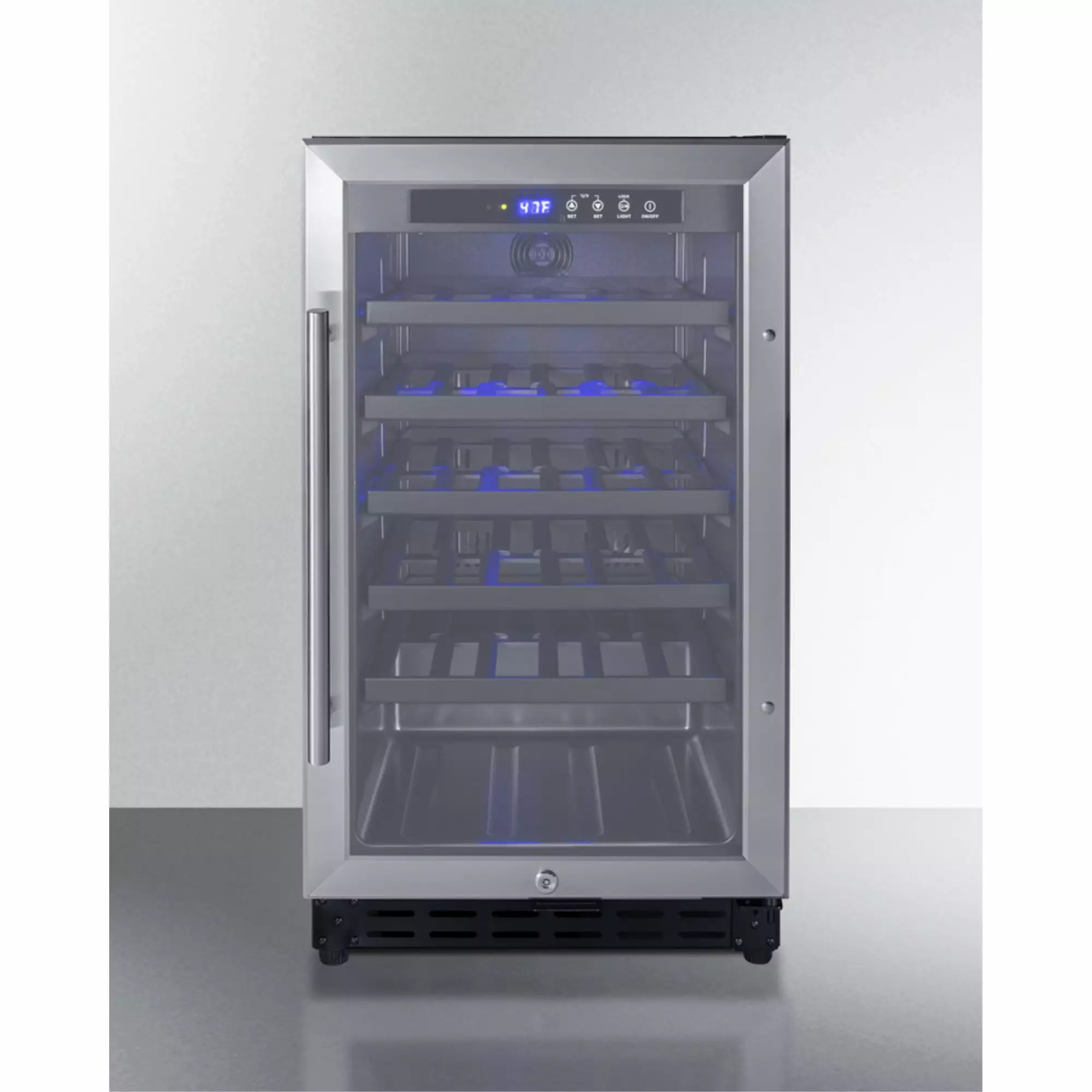 18 wide ADA compliant wine cellar for built-in or freestanding use with stainless steel cabinet. digital controls. and LED lighting