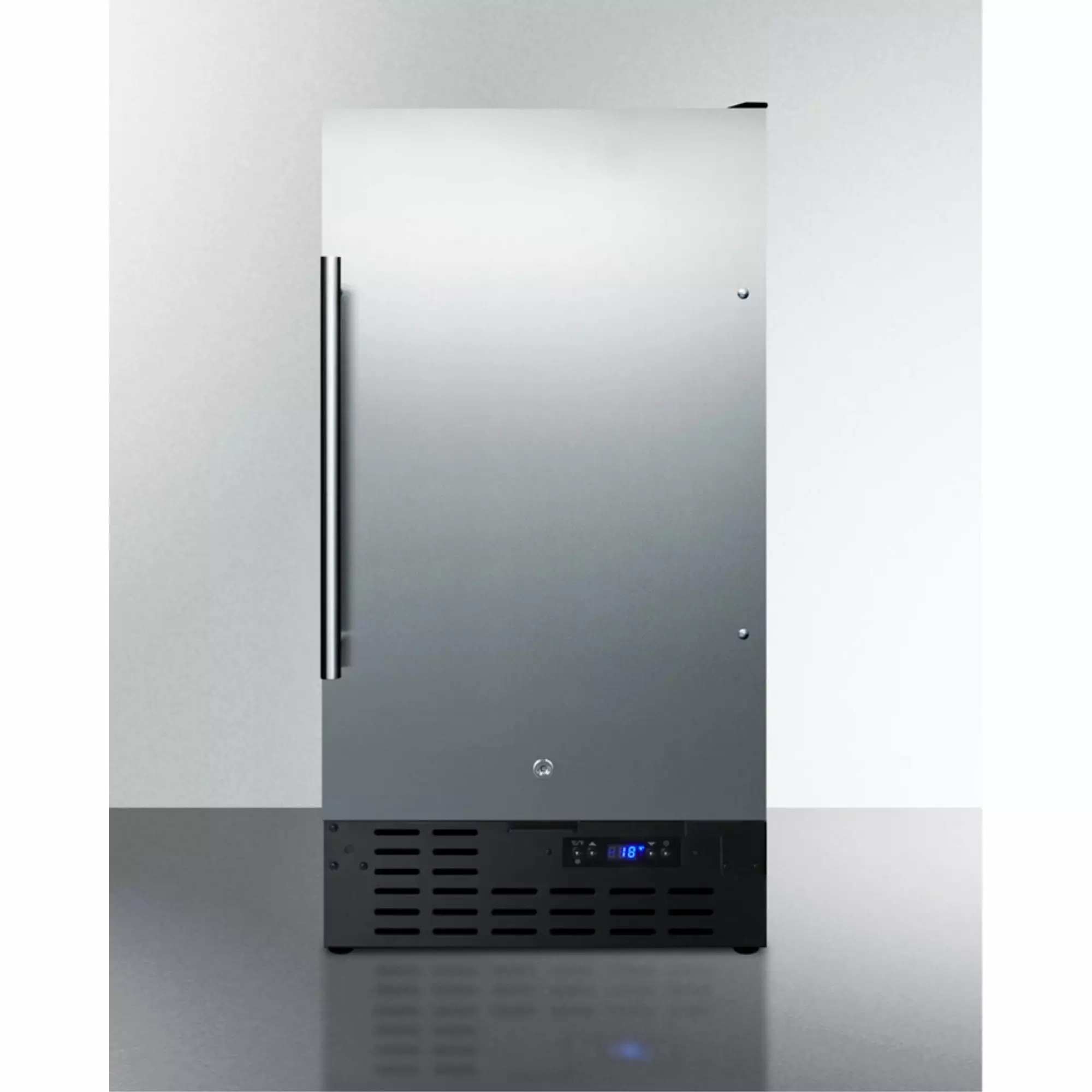 18 wide built-in undercounter all-refrigerator with a stainless steel door. black cabinet. digital thermostat and front lock