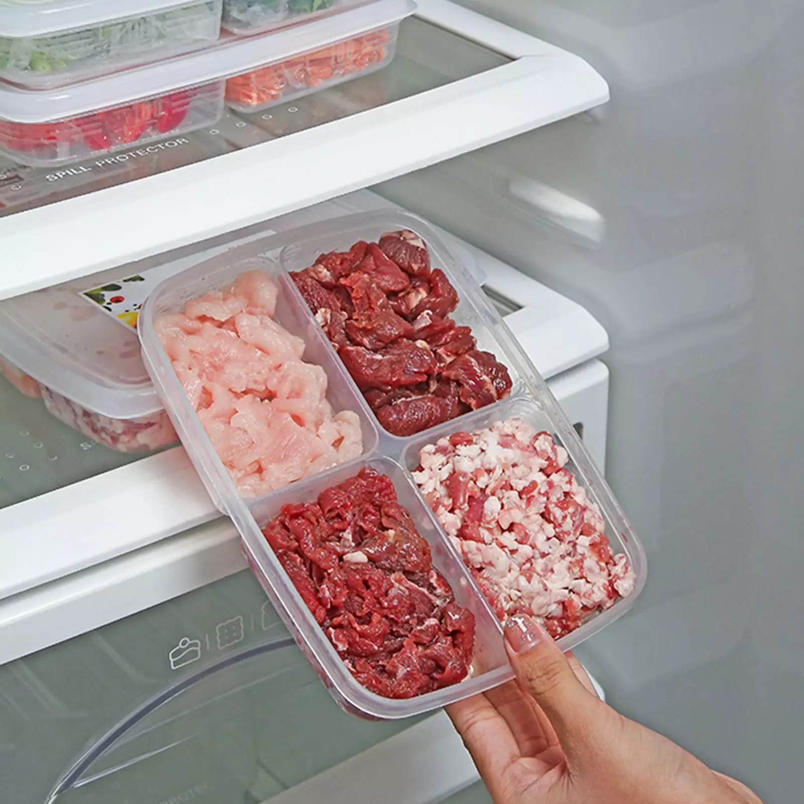 Yasu Refrigerator Storage Box Fresh-keeping Food Grade Useful 4 Grids Freezer Meat Divider Storage Box