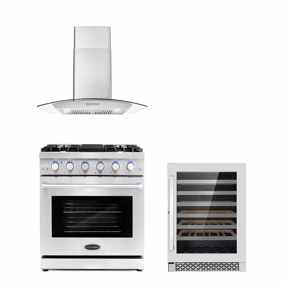 Cosmo 3 Piece Kitchen Appliance Packages with 30 Freestanding Gas Range Kitchen Stove 30 Wall Mount Range Hood & 48 Bottle Freestanding Wine Refrigerator Kitchen Appliance Bundles