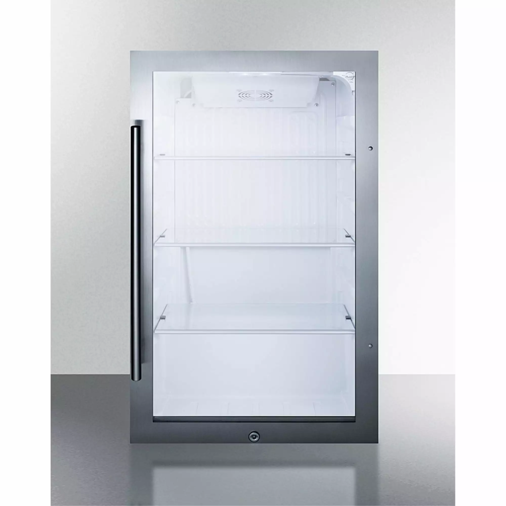 19 wide shallow depth ADA compliant indoor/outdoor beverage center with glass door and white interior