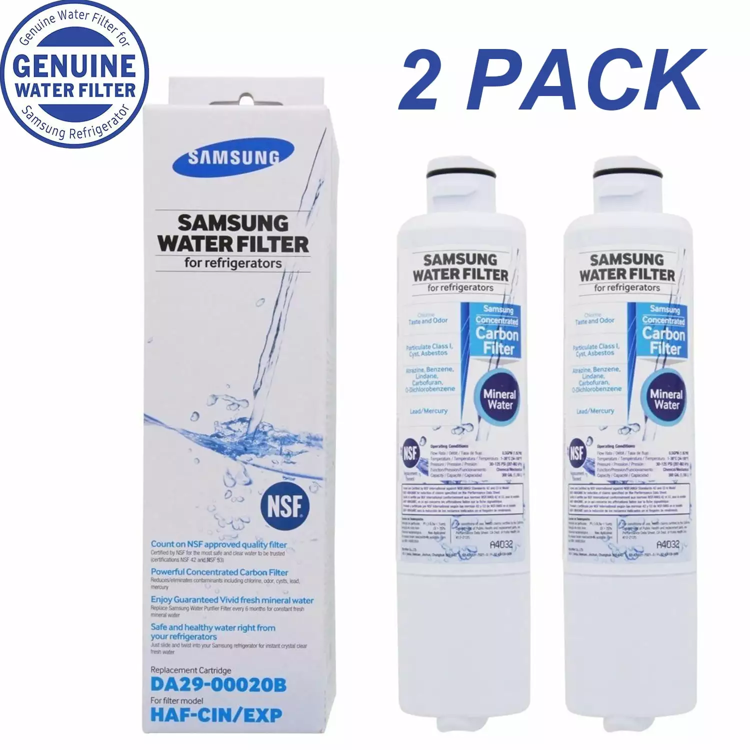 DA29-00020B NSF 53&42 Certified Refrigerator Water Filter. Replacement for Samsung DA29-00020B. HAF-CIN/EXP Pack of 2