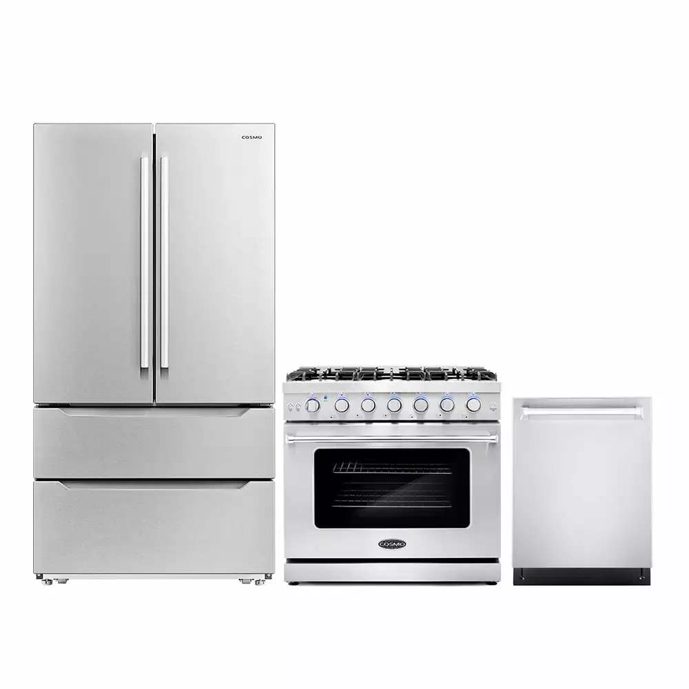 Cosmo 3 Piece Kitchen Appliance Package with 36 Freestanding Gas Range Kitchen Stove 24 Built-in Fully Integrated Dishwasher & French Door Refrigerator Kitchen Appliance Bundles