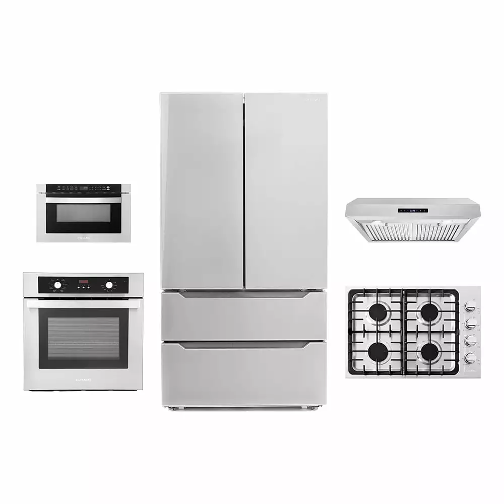 5 Piece Kitchen Package With 36 Gas Cooktop 30 Under Cabinet Range Hood 24 Single Electric Wall Oven 24 Built-In Microwave Drawer & French Door Refrigerator