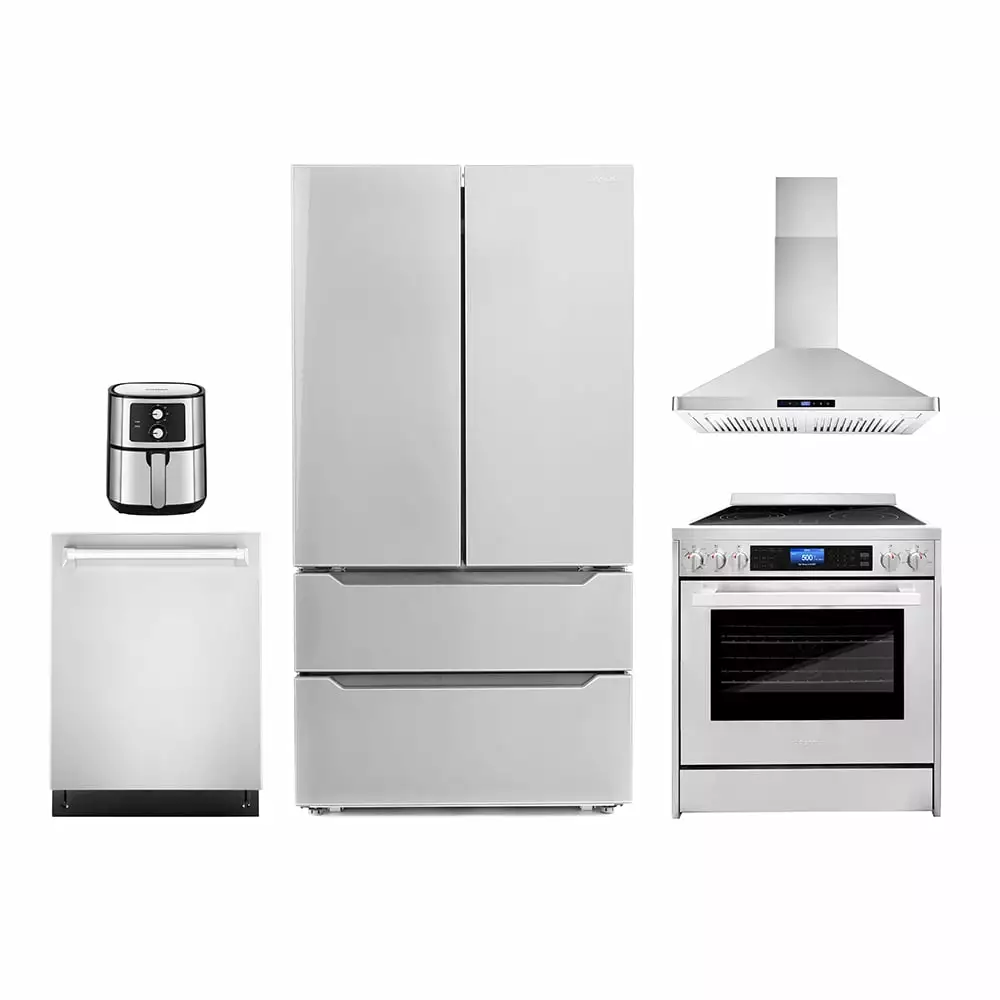 5 Piece Kitchen Package with 30 Freestanding Electric Range 30 Wall Mount Range Hood 24 Built-in Fully Integrated Dishwasher French Door Refrigerator & 5.5L Electric Hot Air Fryer