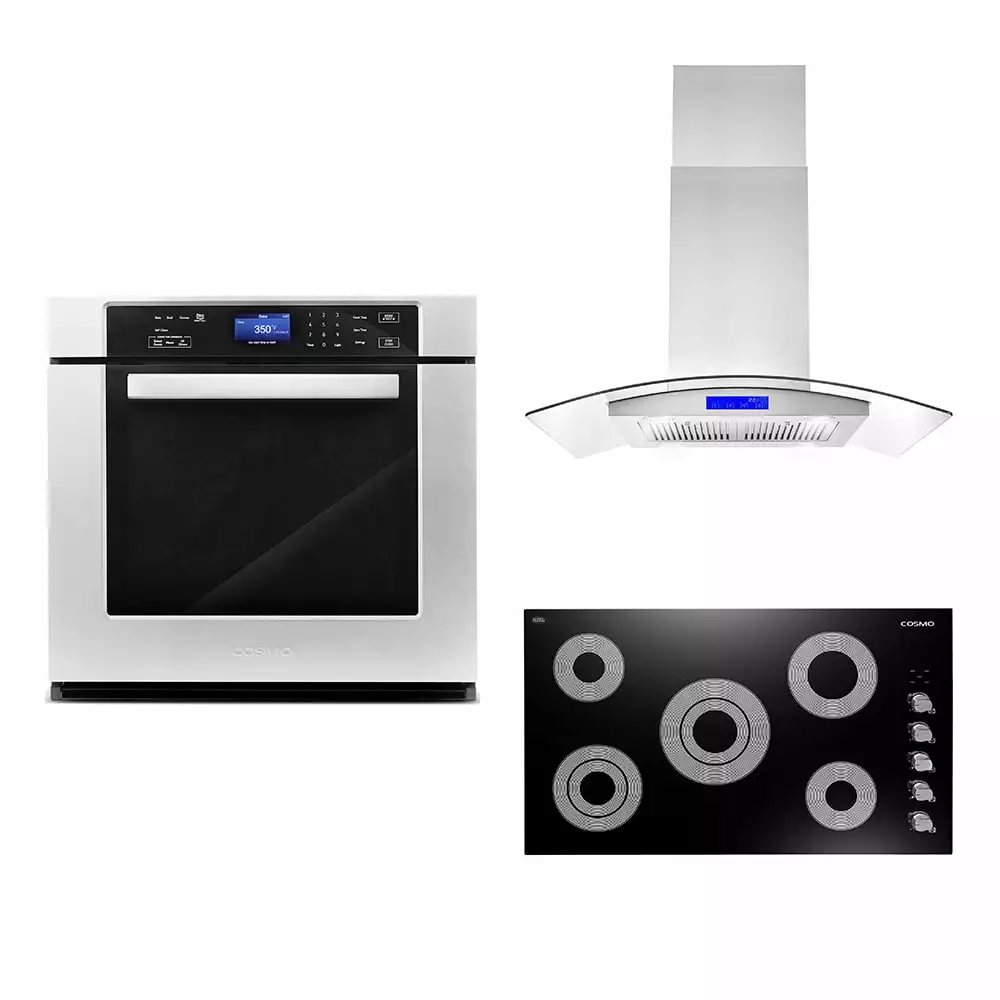 Cosmo 3 Piece Kitchen Appliance Package With 36 Electric Cooktop 36 Island Range Hood 30 Single Electric Wall Oven Kitchen Appliance Bundles