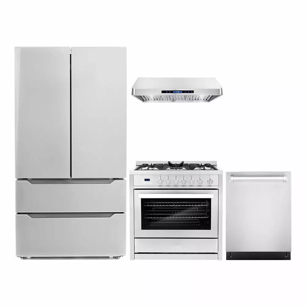 Cosmo 4 Piece Kitchen Appliance Packages with 36 Freestanding Gas Range 36 Under Cabinet Range Hood 24 Built-in Integrated Dishwasher & French Door Refrigerator Kitchen Appliance Bundles