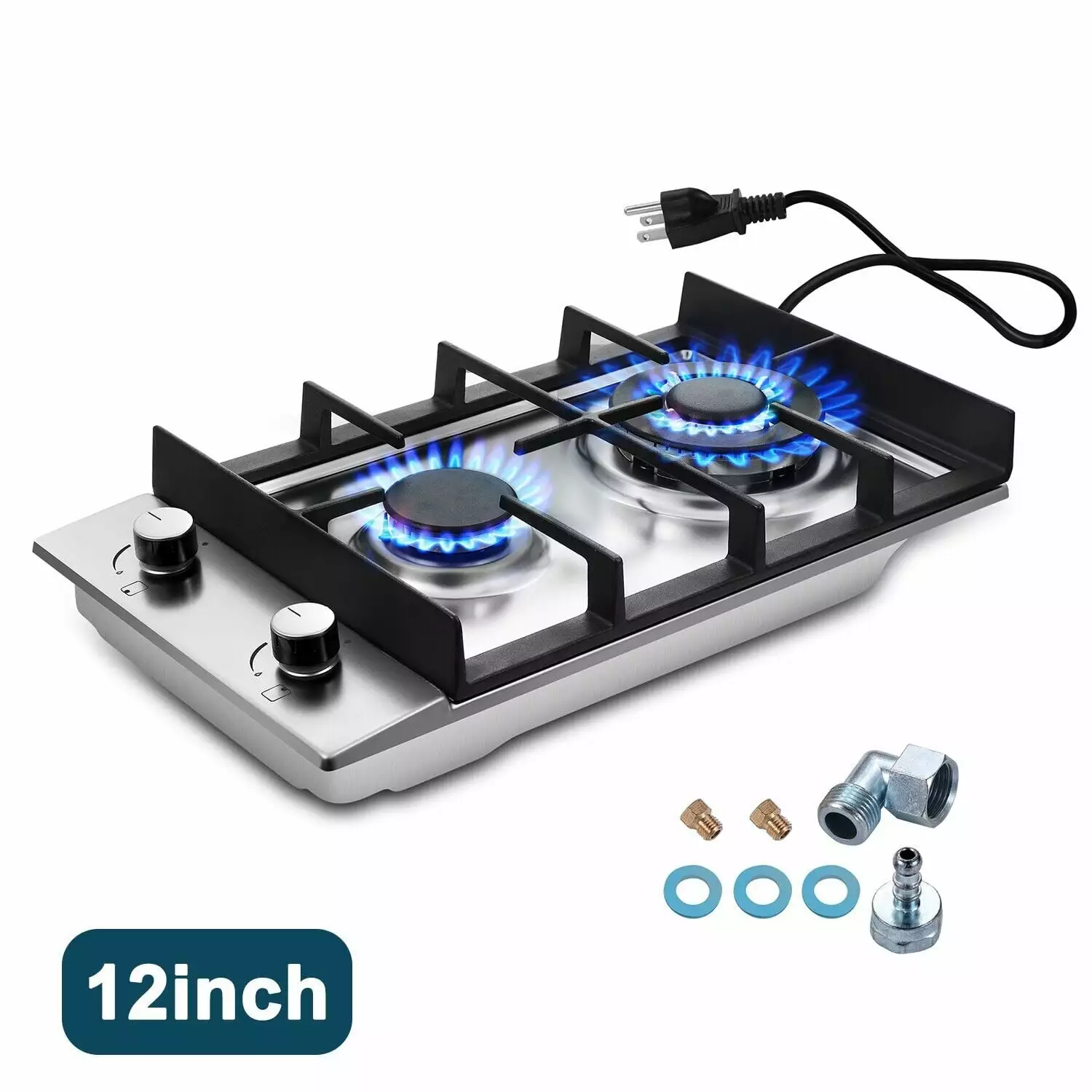 2-Burners 12inch Gas Cooktop Stainless Steel NG/LPG Convertible Built-in Burner Cooktop