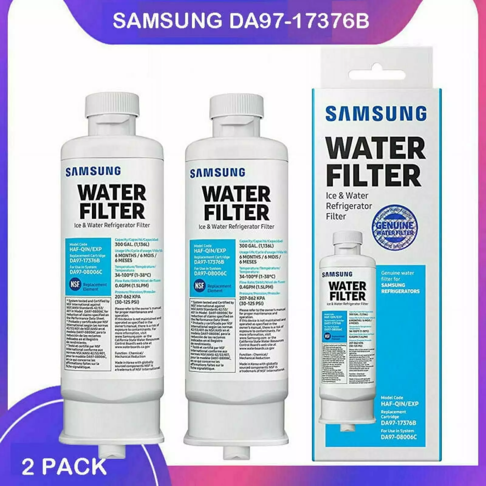 2 Pack DA9717376B HAF-QIN/EXP Refrigerator DA97-17376B HAF-QIN Water Filter RF23M8070SG