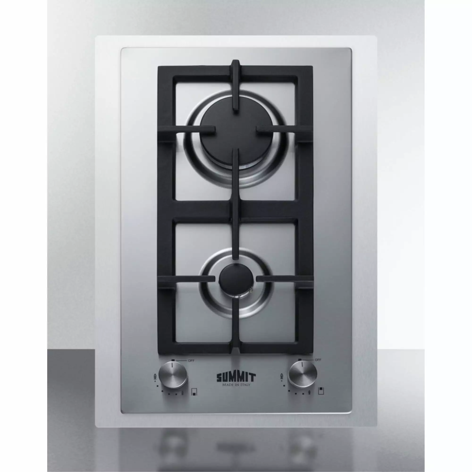 2-burner gas cooktop made in Italy w/15 wide trim kit in stainless steel with cast iron grates