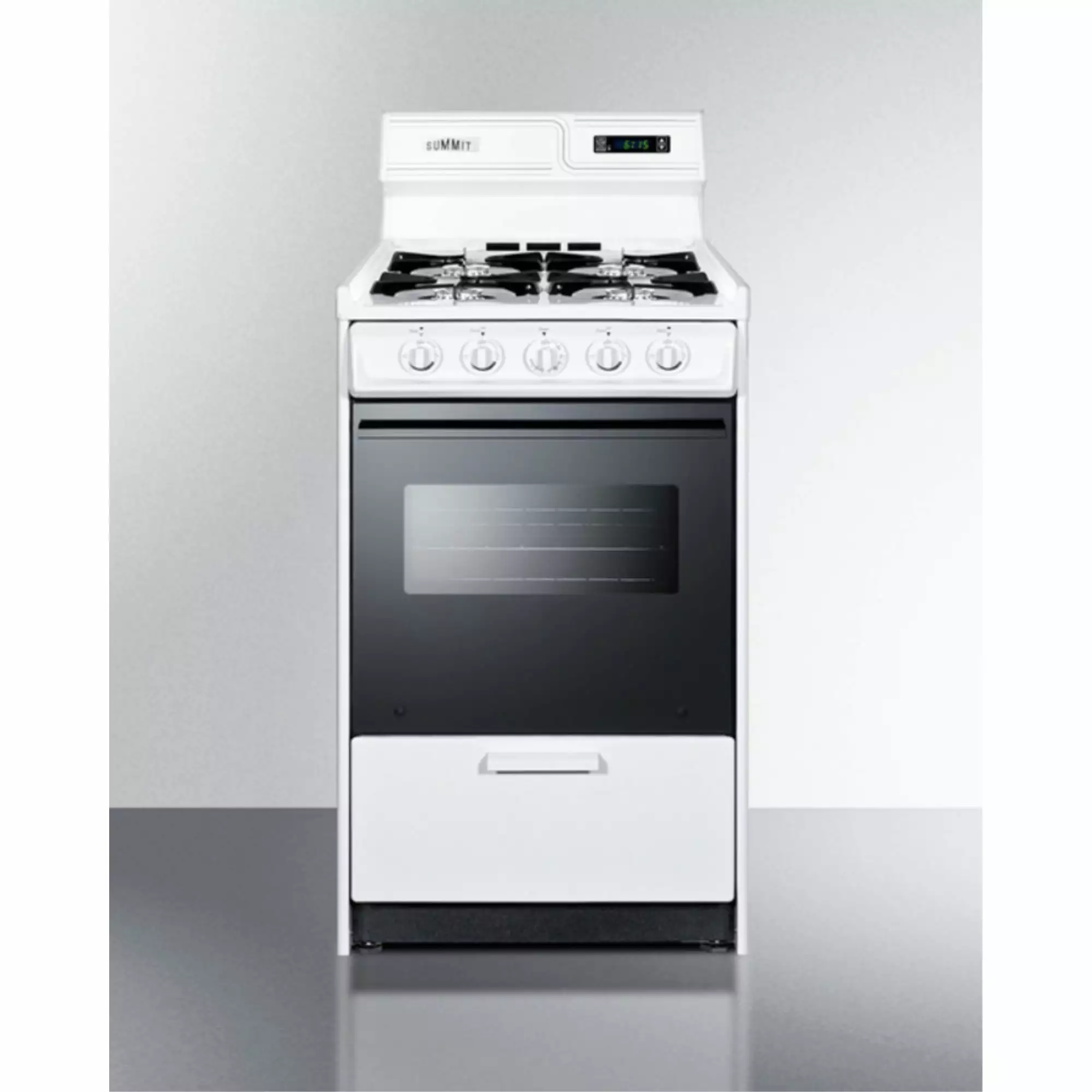 20 wide gas range in white with open burners. black door. oven window. high backguard. and spark ignition