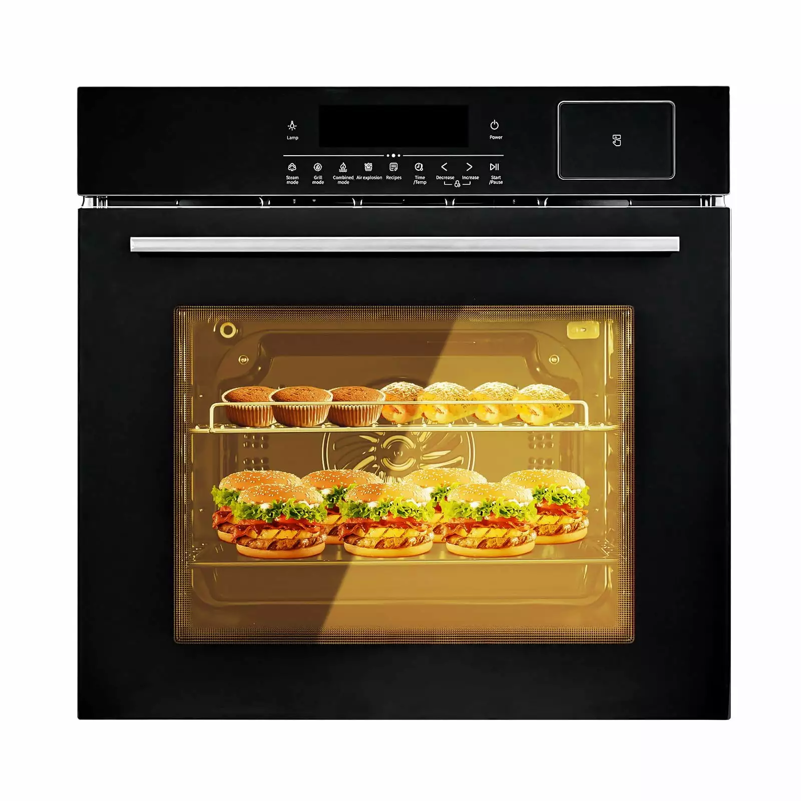 24 Electric Single Wall Oven. 2.5CF with 8 Baking Modes. Built-in Electric Convection Oven. with Air Frying Function. 3000w. 3D Surround Heating with Double-Layered Glass Door. Timer. Touch Control