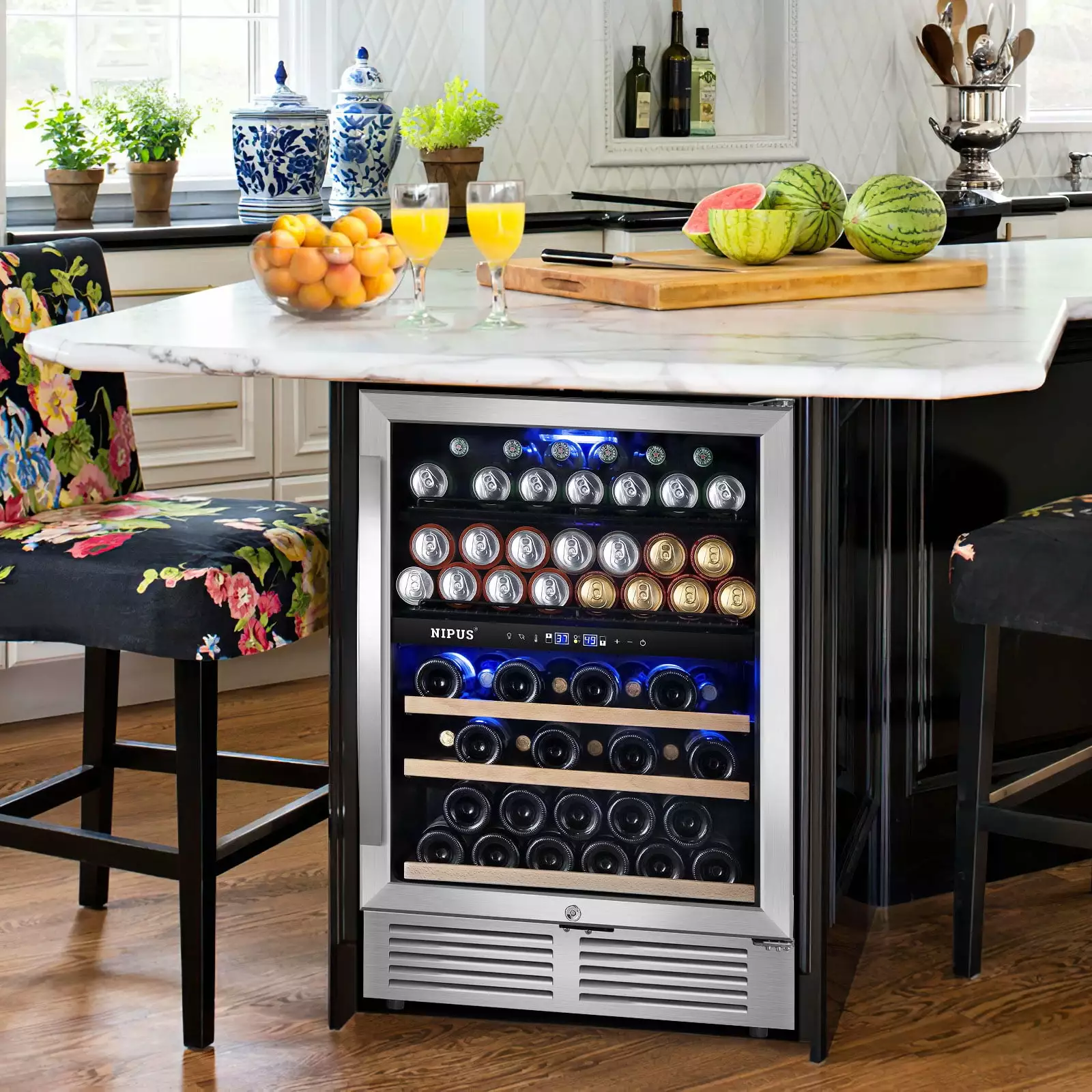 24Wine Cooler Refrigerator Dual Zone Upper and Lower 27-Wine Bottles and 94-Cans Wine and Beverage Refrigerator .Low Noise