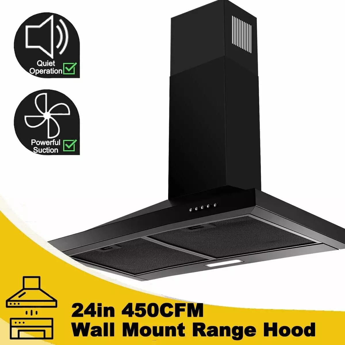 24 inch Wall Mounted Range Hood Kitchen Stove Vent Hood 450 CFM 3-Speed Fan