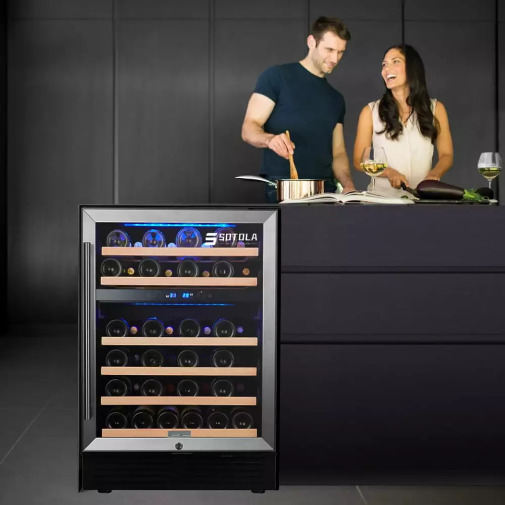 24 inch Wine Cooler Cabinet.46 Bottle Beverage Fridge.Small Wine Cellar with Tempered Digital Temperature Memory Function Glass Door.Mini Fridge with Quiet Operation Compressor & Clear Glass Door