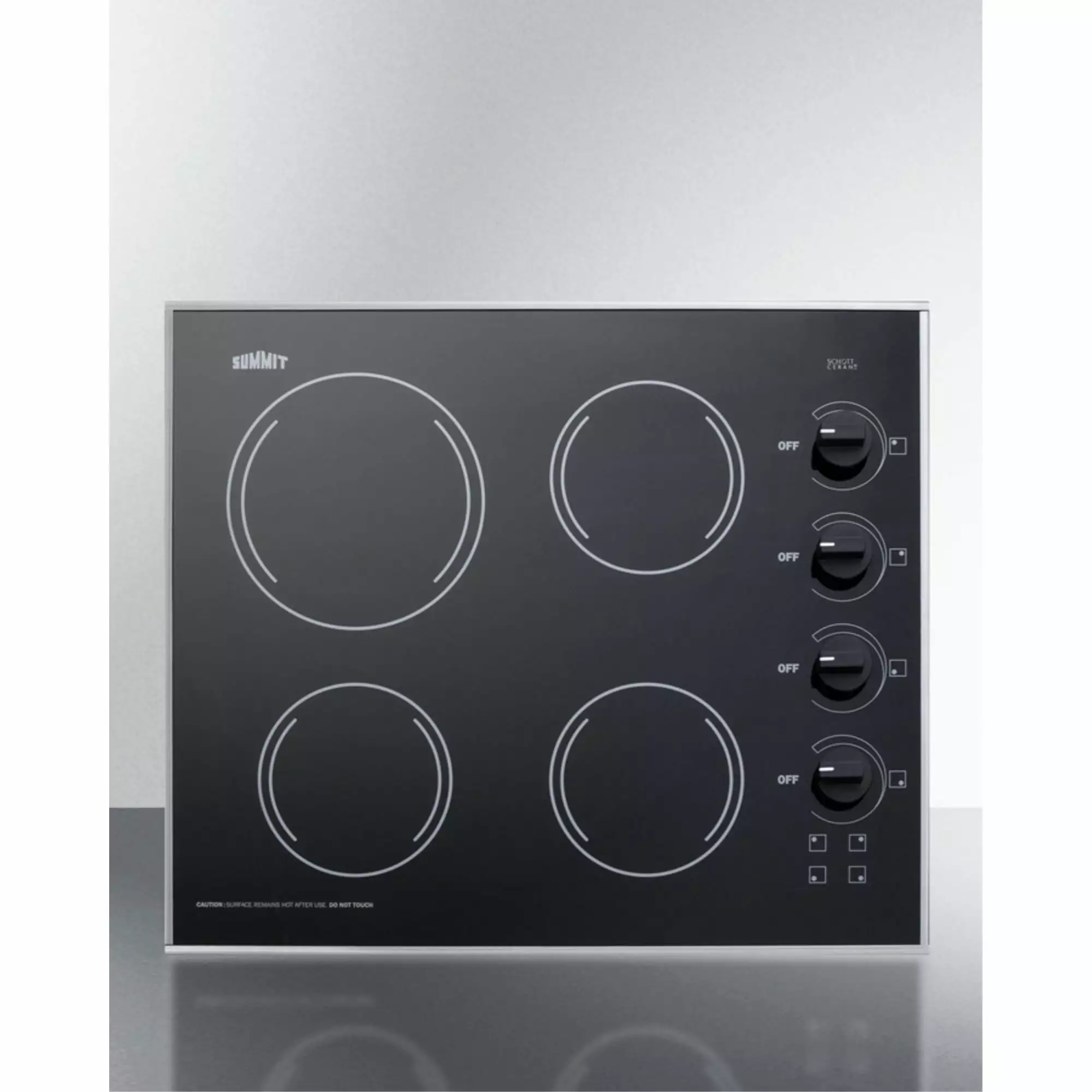 24 wide 4-burner radiant cooktop made in the USA. with one large 8 element and three standard elements in smooth black ceramic glass finish