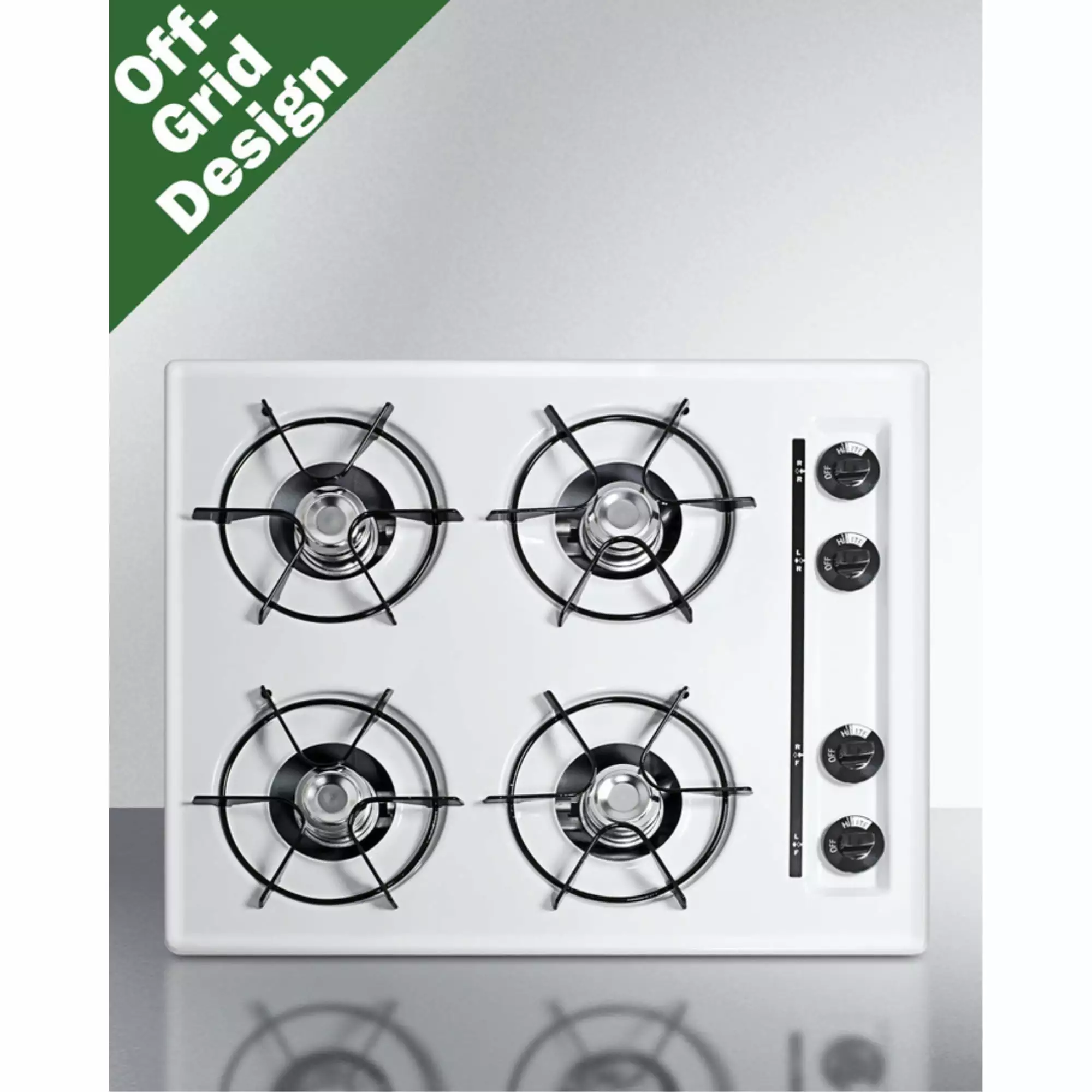 24 wide LP gas cooktop with four open burners and battery-start ignition