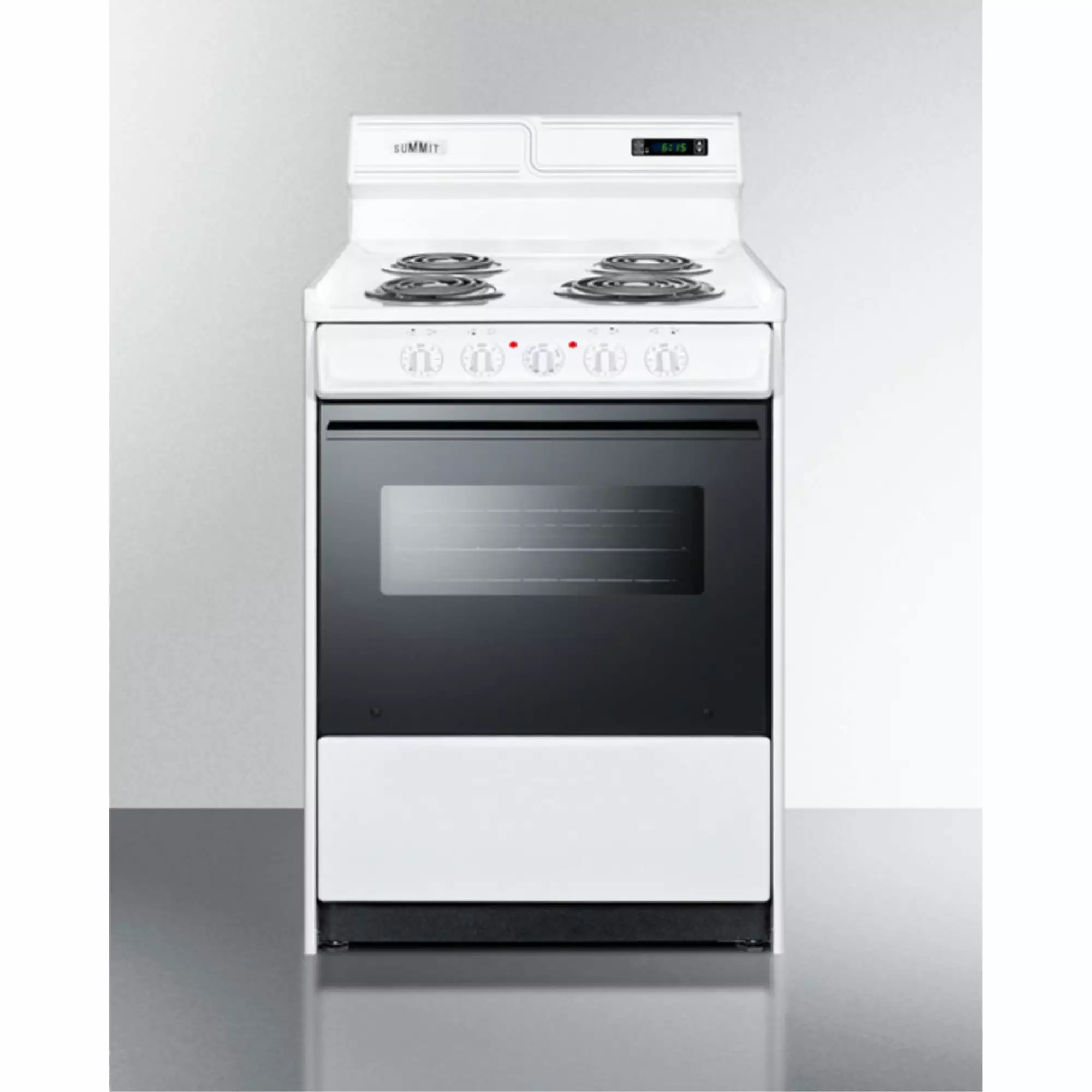 24 wide electric coil top range in white with black door. oven window. and high backguard