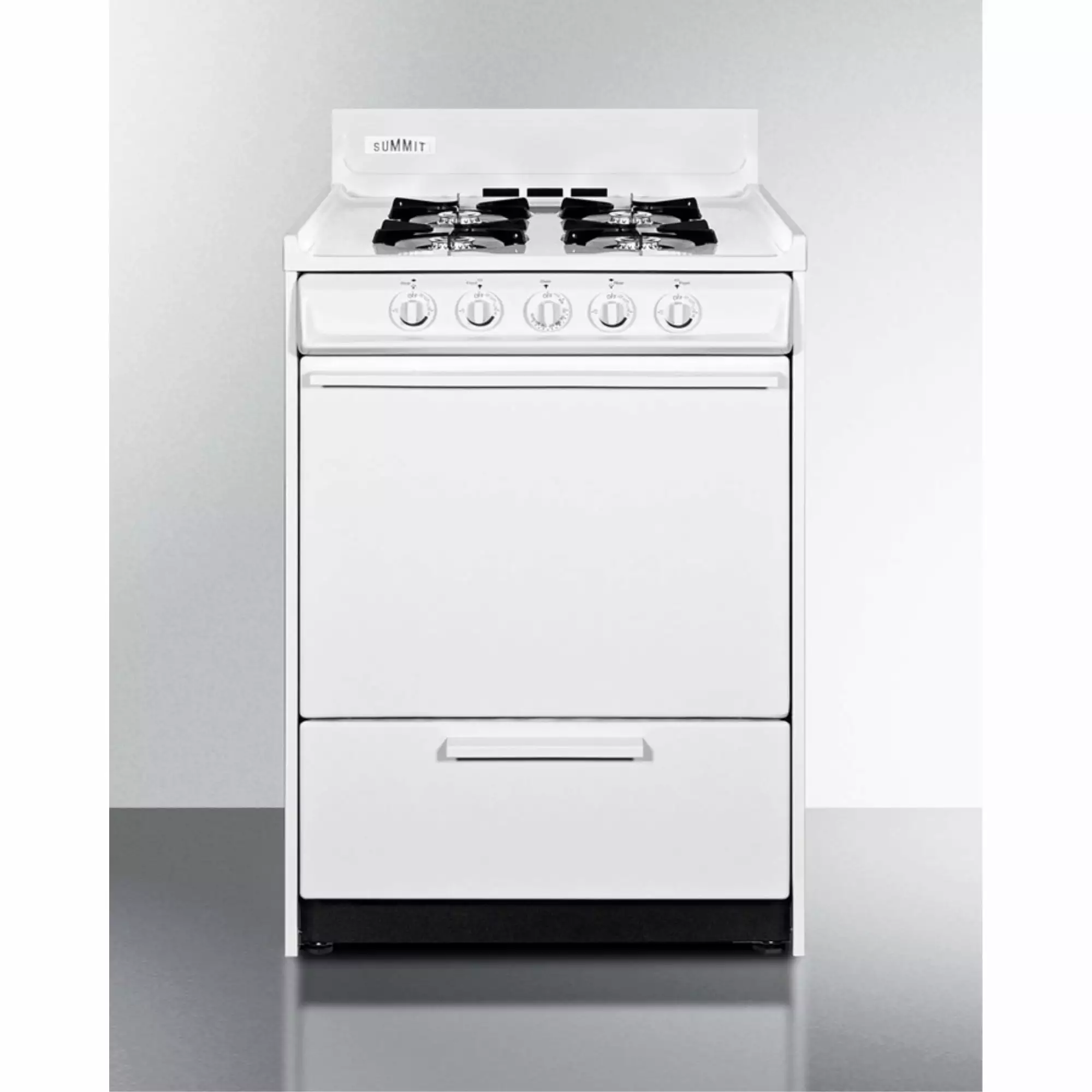 24 wide gas range in white with open burners and battery-start ignition