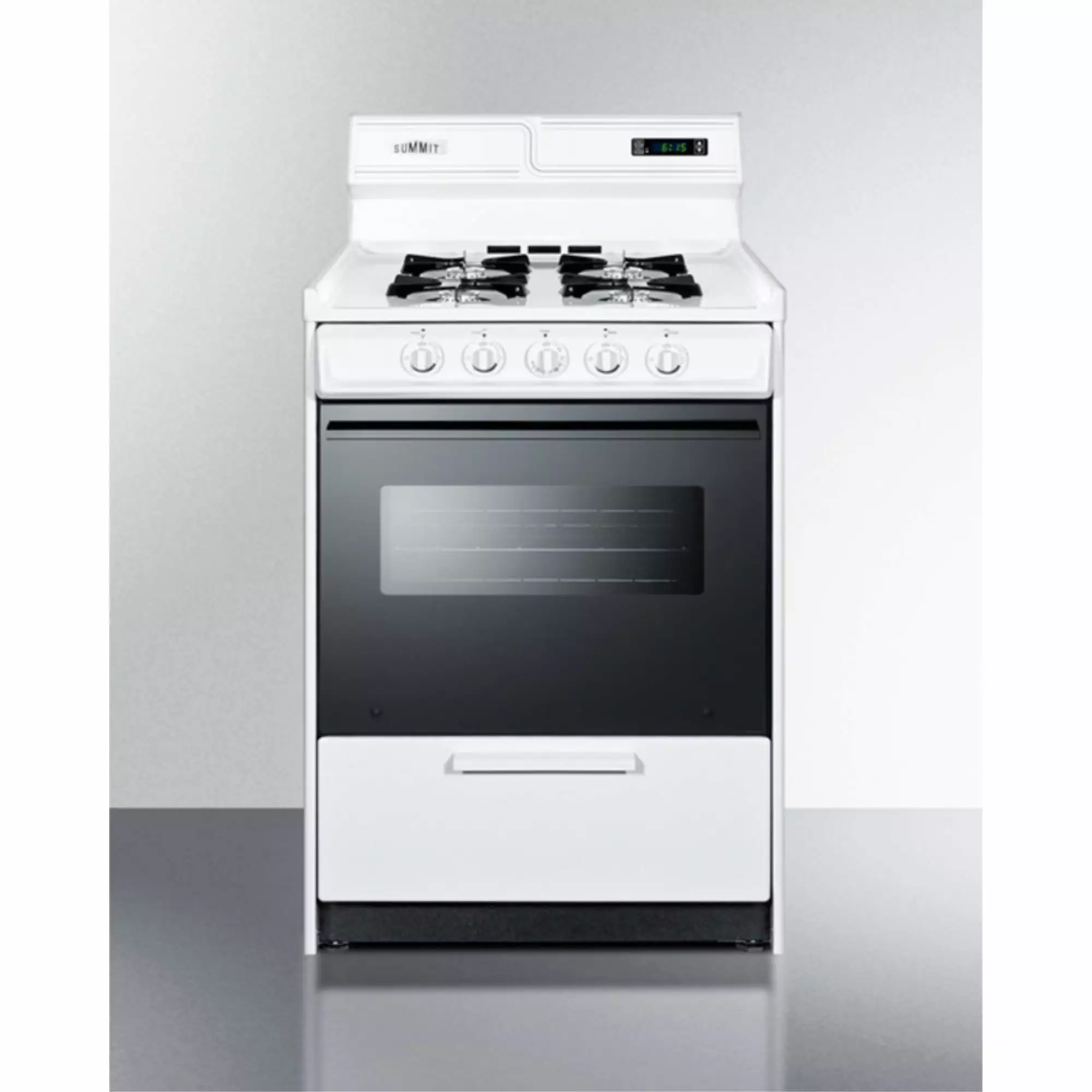 24 wide gas range in white with open burners. black door. oven window. high backguard. and spark ignition