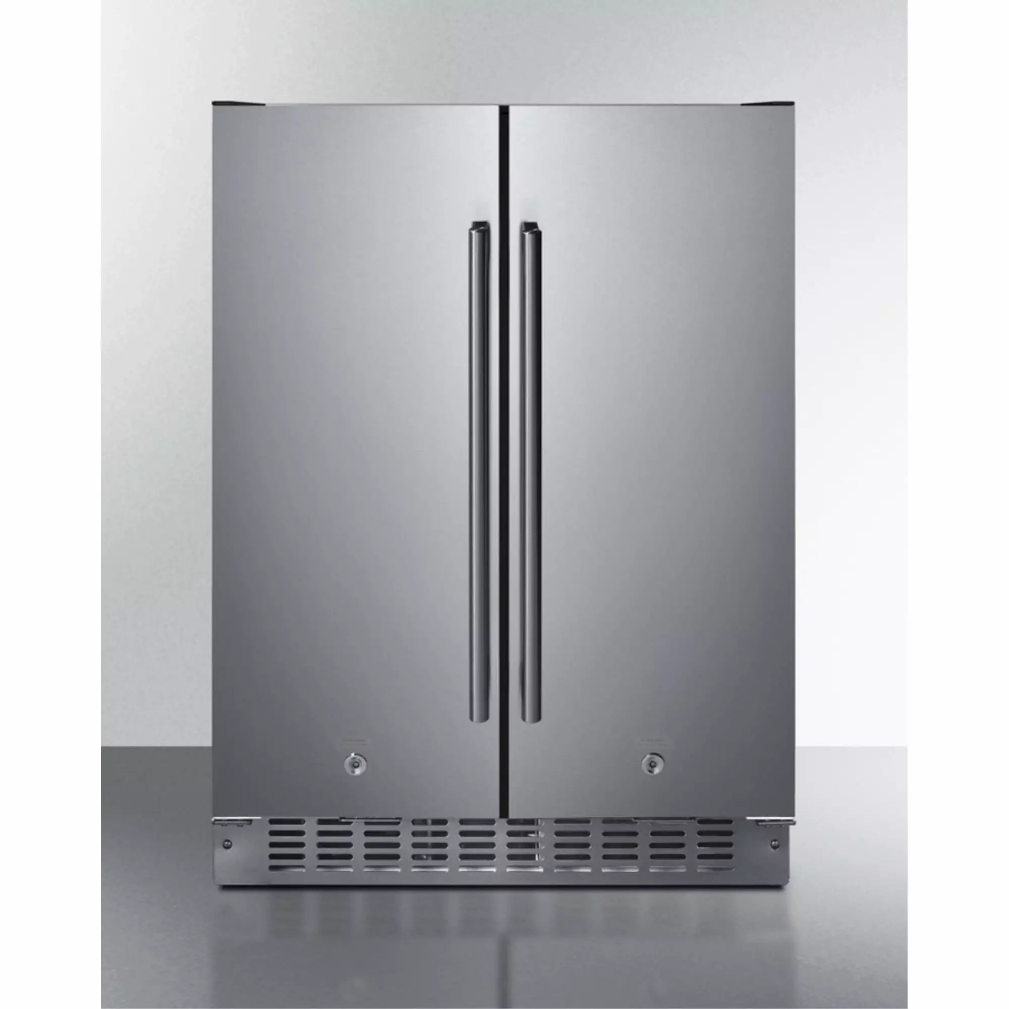 24 wide undercounter frost-free side-by-side refrigerator-freezer in stainless steel with locks. stainless steel handles. and digital controls