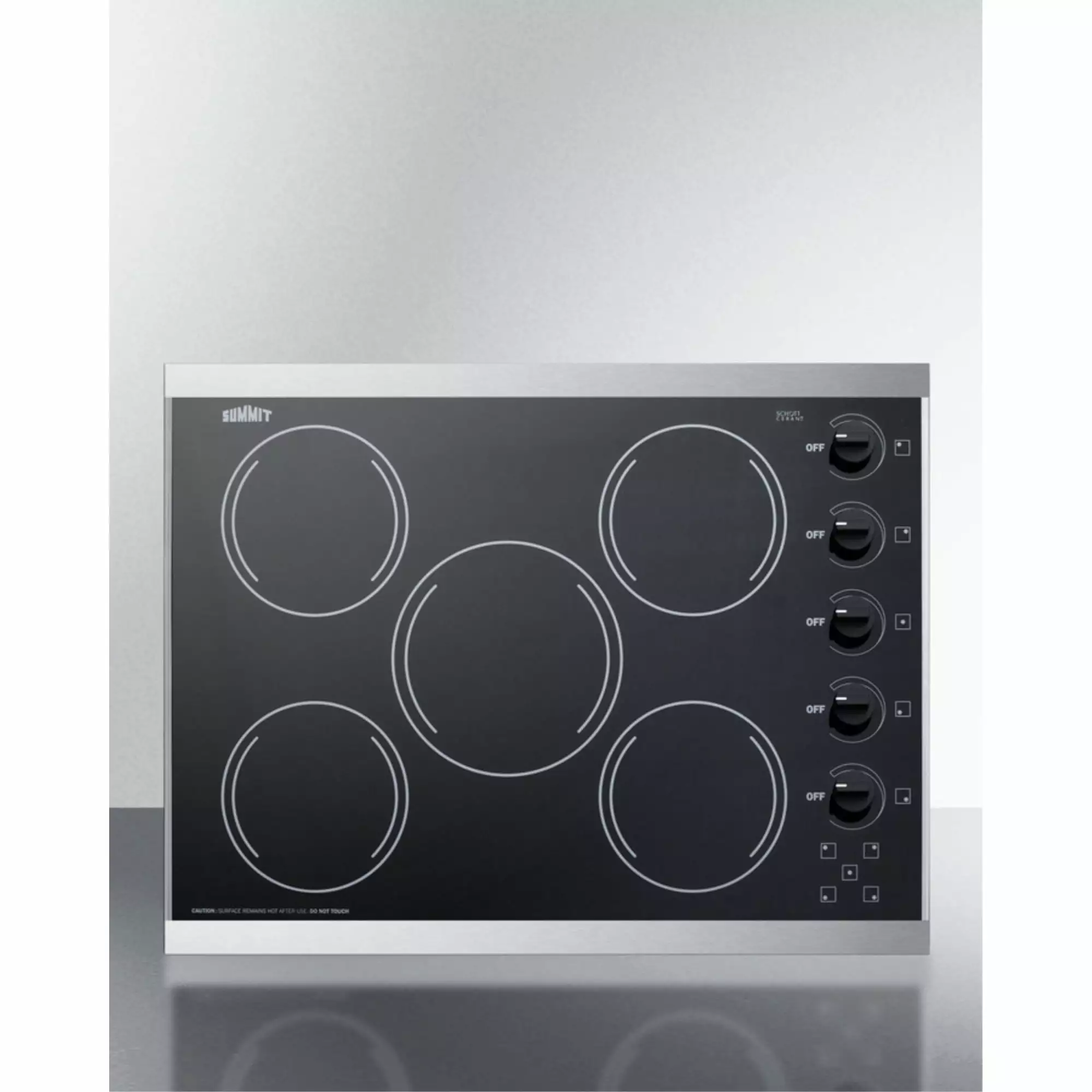 27 wide 5-burner radiant cooktop made in the USA in smooth black ceramic glass finish and oversized SS trim