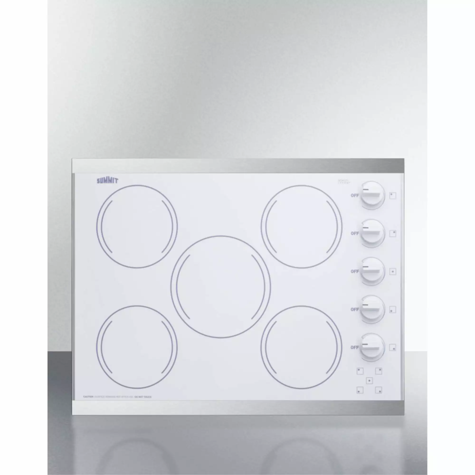 27 wide 5-burner radiant cooktop made in the USA in smooth white ceramic glass finish and oversized SS trim