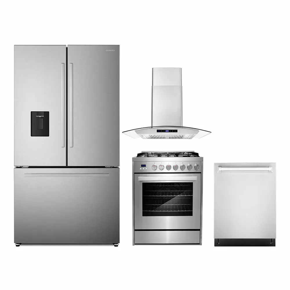 4 Piece Kitchen Package with 30 Freestanding Gas Range 30 Wall Mount Range Hood 24 Built-in Fully Integrated Dishwasher