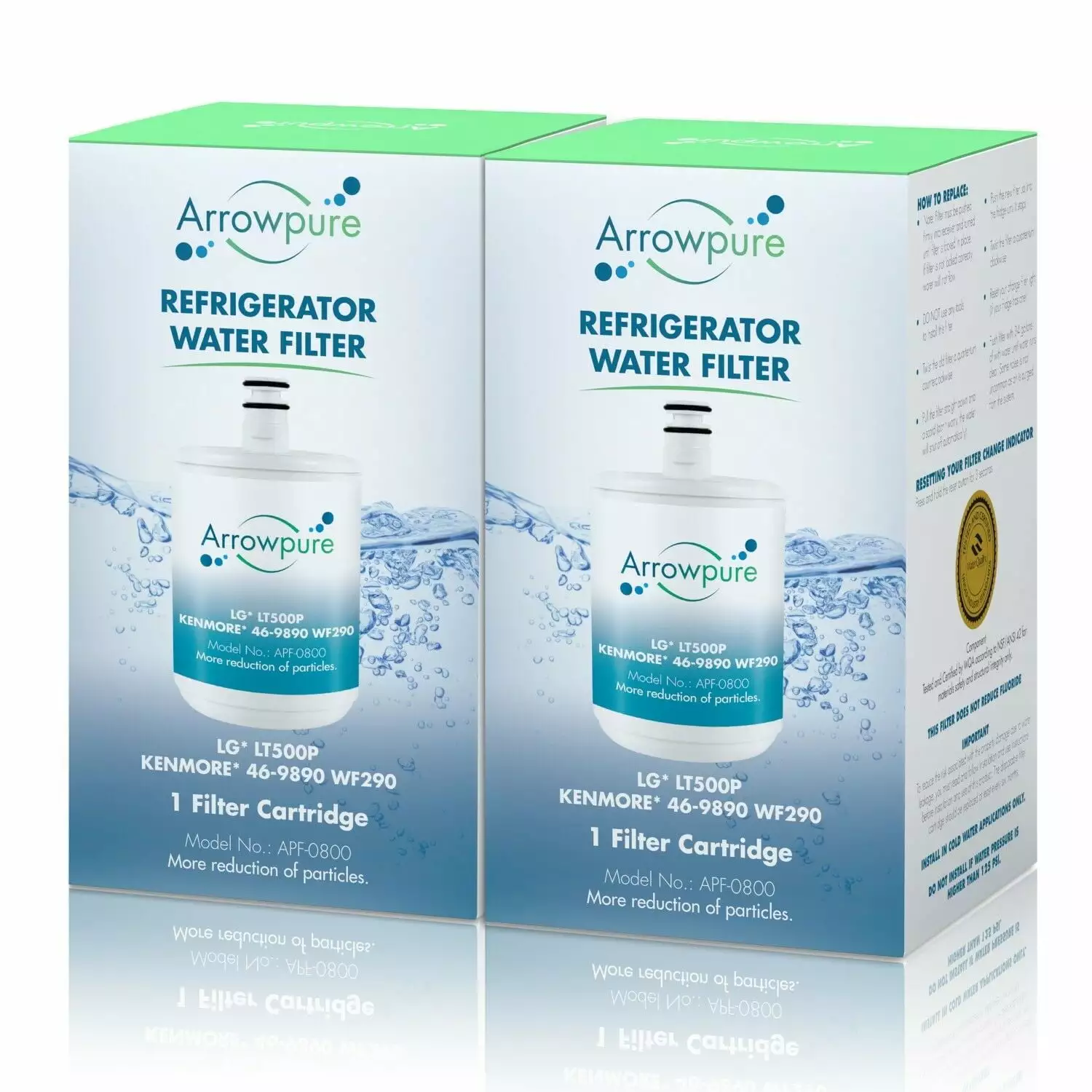 2 Pack Refrigerator Water Filter Replacement by Arrowpure | Certified According to NSF 42&372 | Compatible with LG LT500P. 5231JA2002A. ADQ72910907. ADQ72910901. Kenmore 9890. 46-9890. 46989