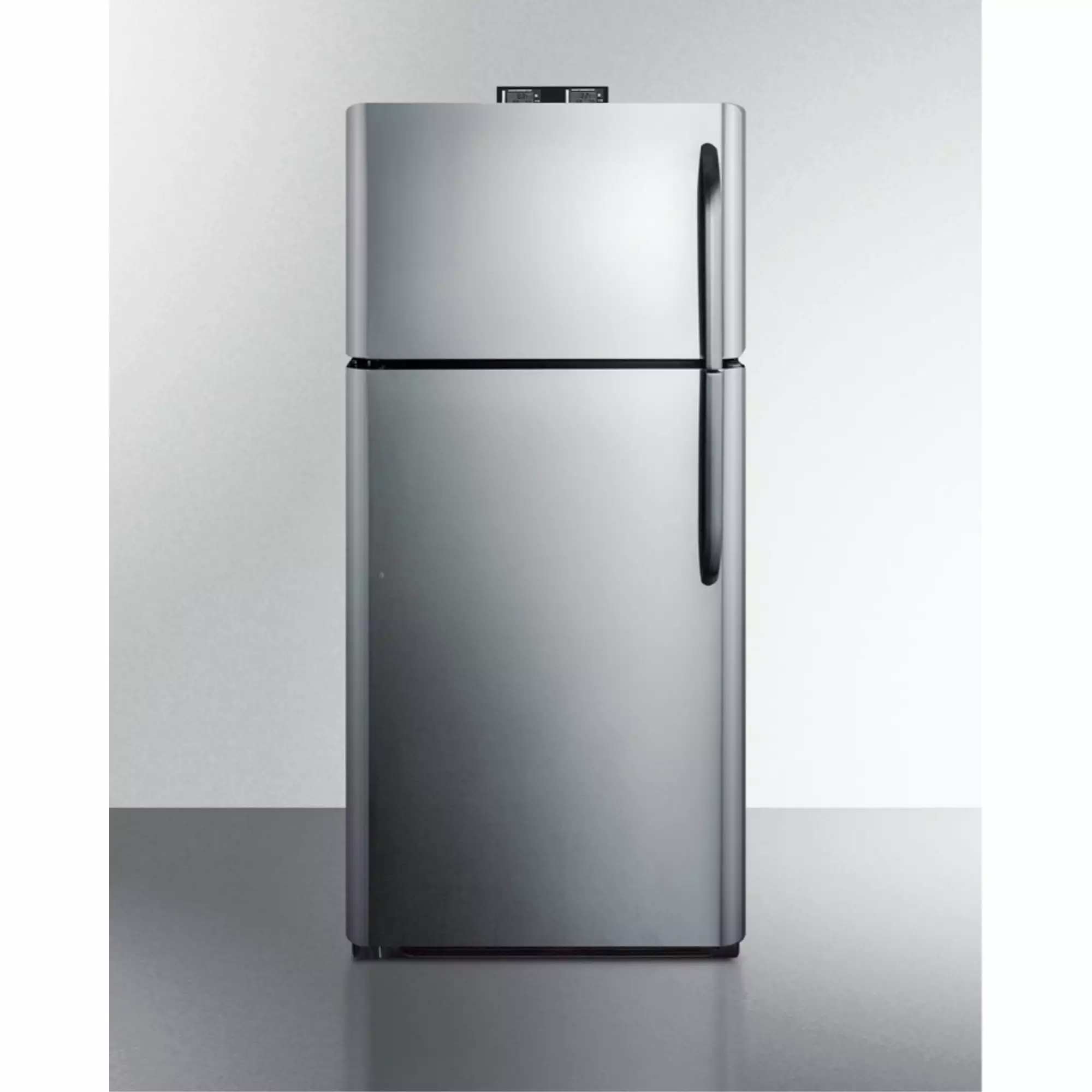 18 cu.ft. break room refrigerator-freezer with stainless look doors and NIST calibrated alarm/thermometers