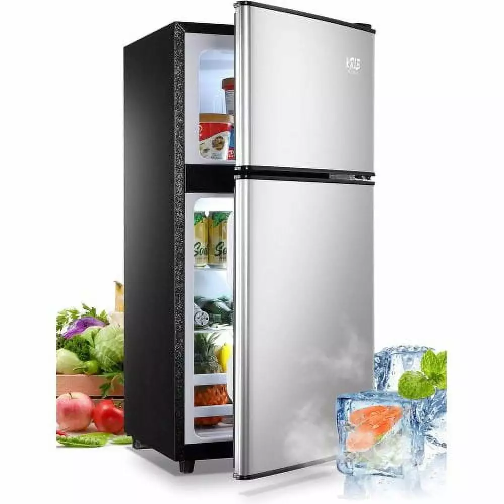 3.5 Cubic Feet Refrigerator. ZPL Compact Refrigerator. Mini Fridge with Freezer and 2 Door. 7 Level Thermostat Removable Shelves for Kitchen. Dorm. Apartment. Bar. Office. Silver