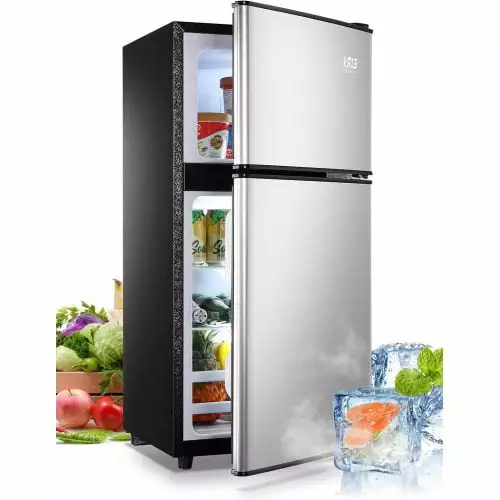 3.5Cu.Ft Compact Refrigerator Mini Fridge with Freezer. Small Refrigerator with 2 Door. 7 Level Thermostat Removable Shelves for Kitchen. Dorm. Apartment. Bar. Office. Silver