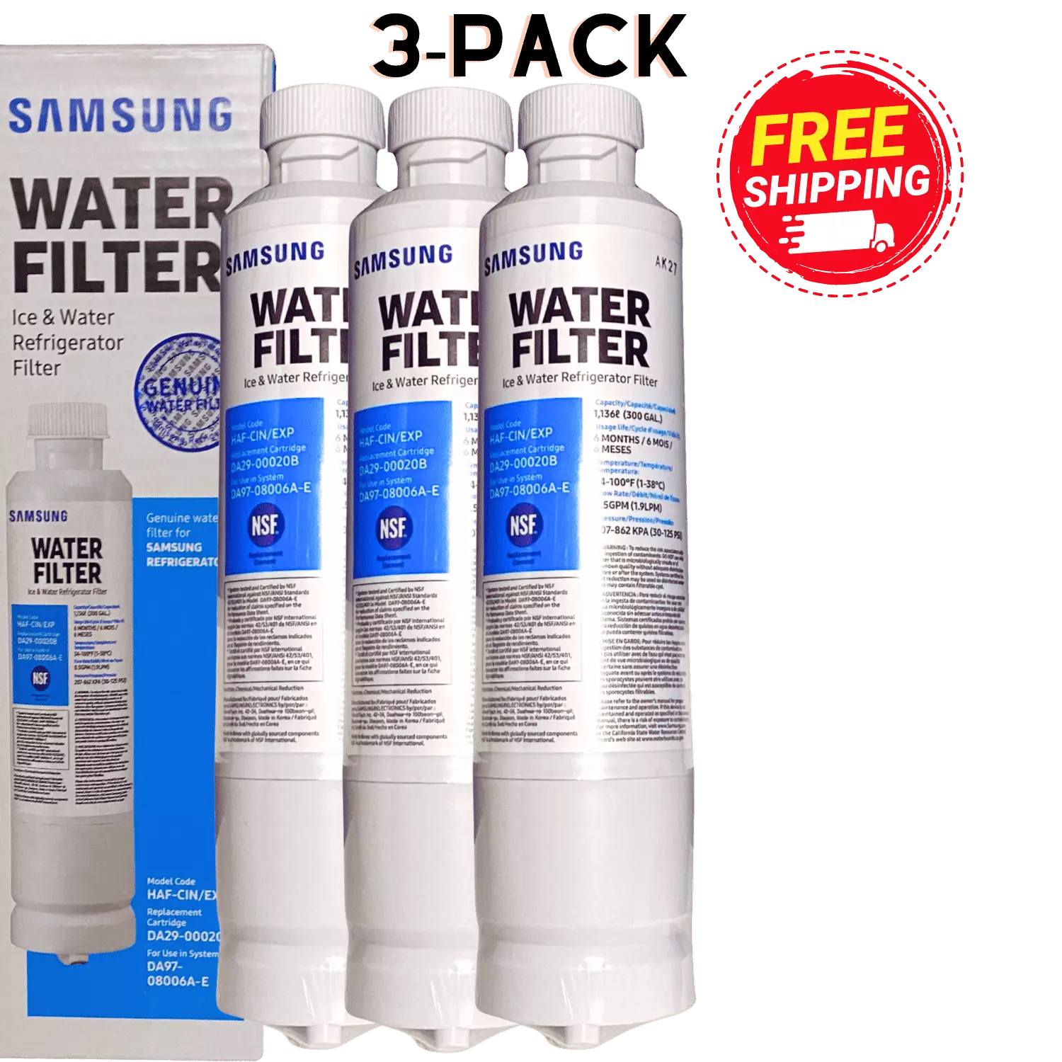 3 Pack Replacement for DA29-00020B HAF-CIN /EXP Refrigerator Water Filter. Factory Sealed